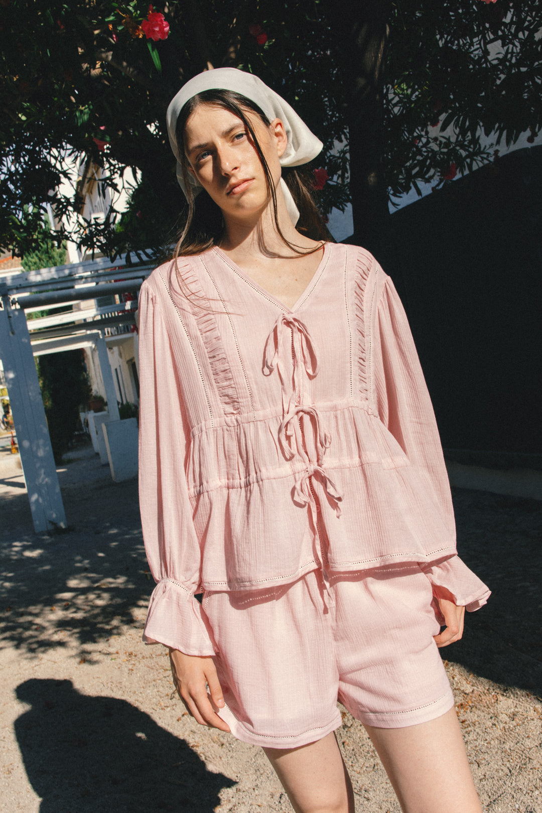 Textured Long Sleeve Blouse With Eyelet Detailing in Pink