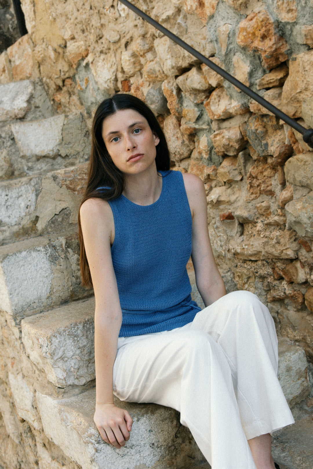 Cotton-Blend Round Neck Knitted Tank in Coastal Blue