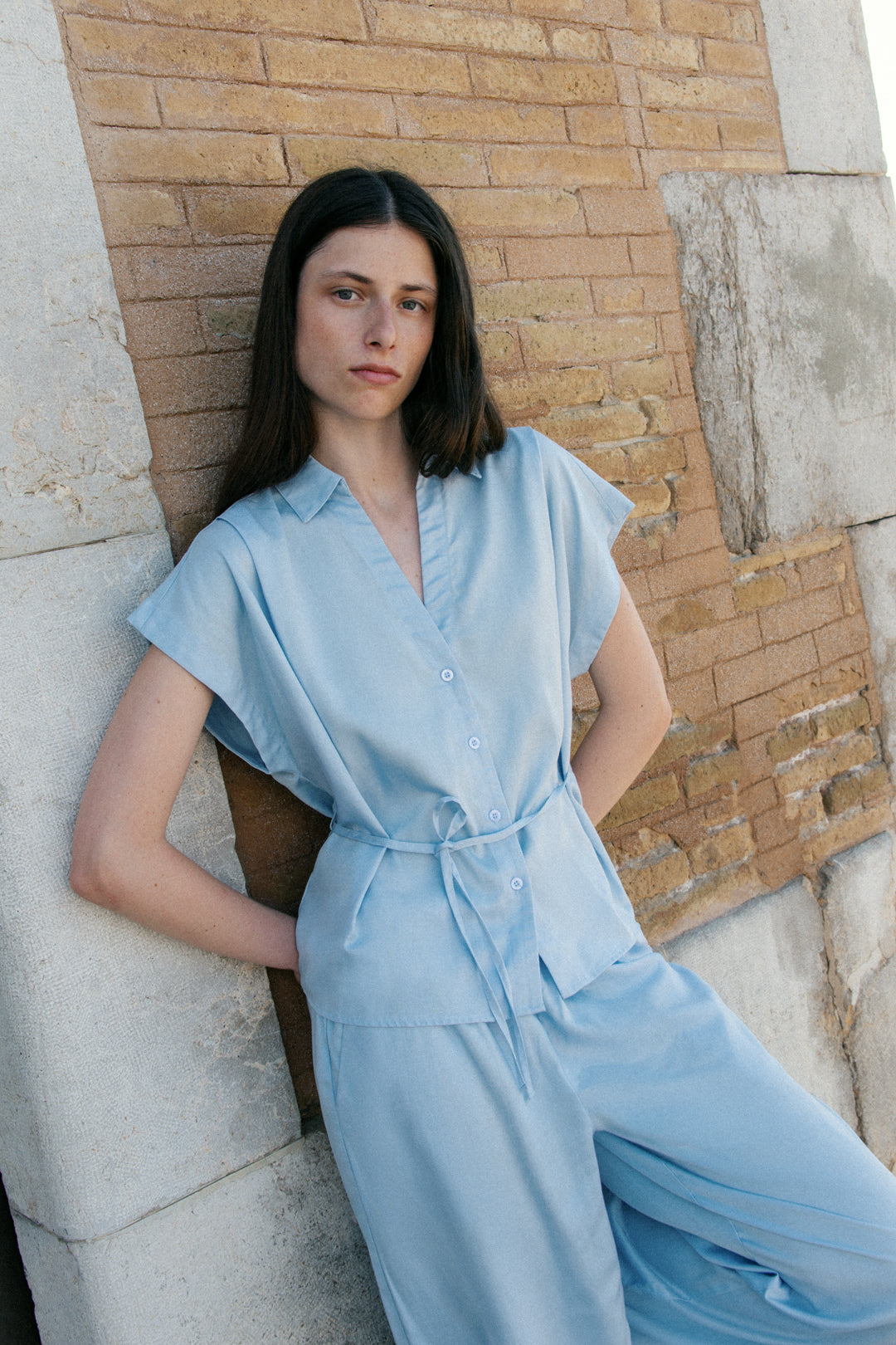 Collared Short Sleeve Waist Tie Top in Mist Blue
