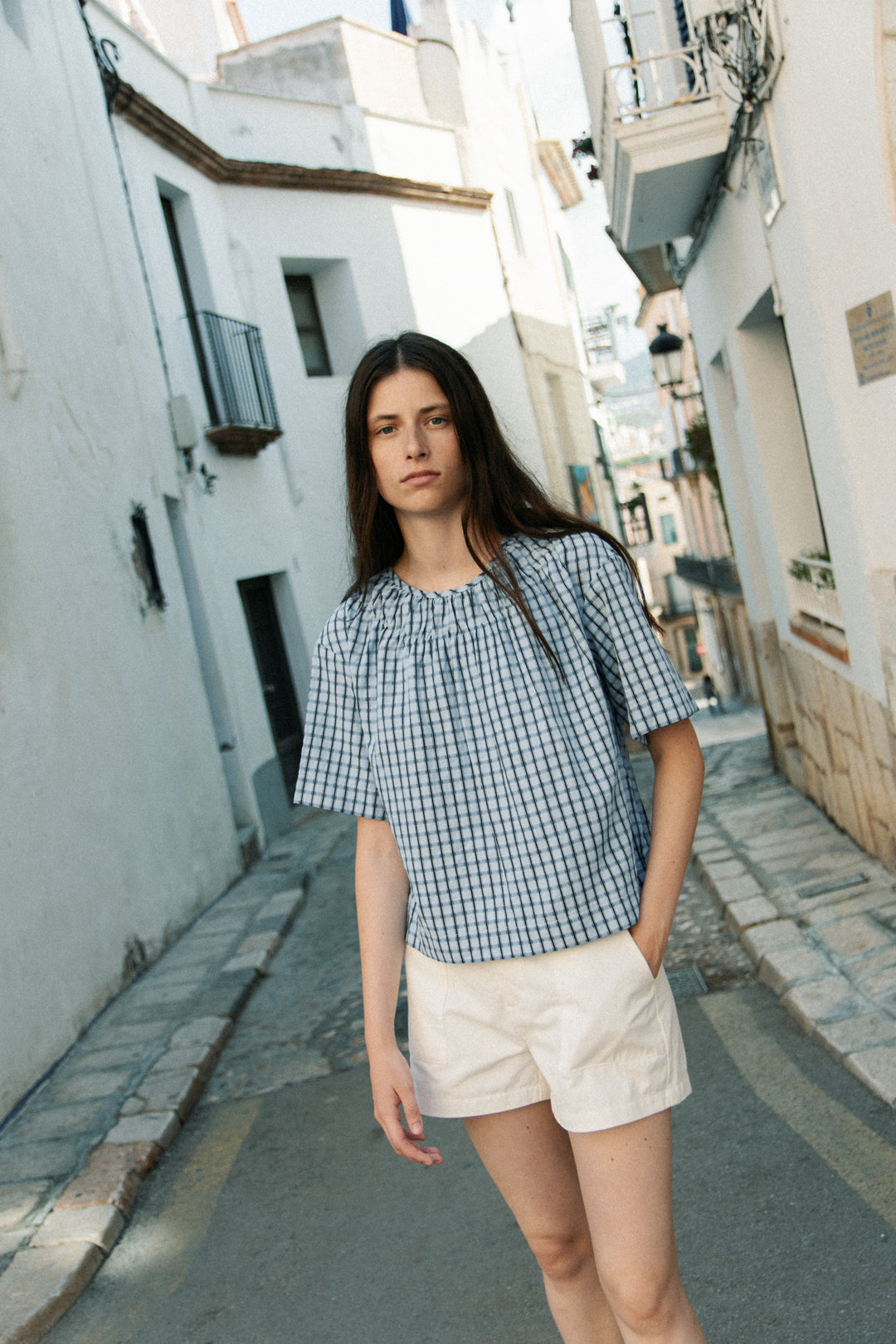 Gathered Neckline Blouse in Ocean Blue Gingham