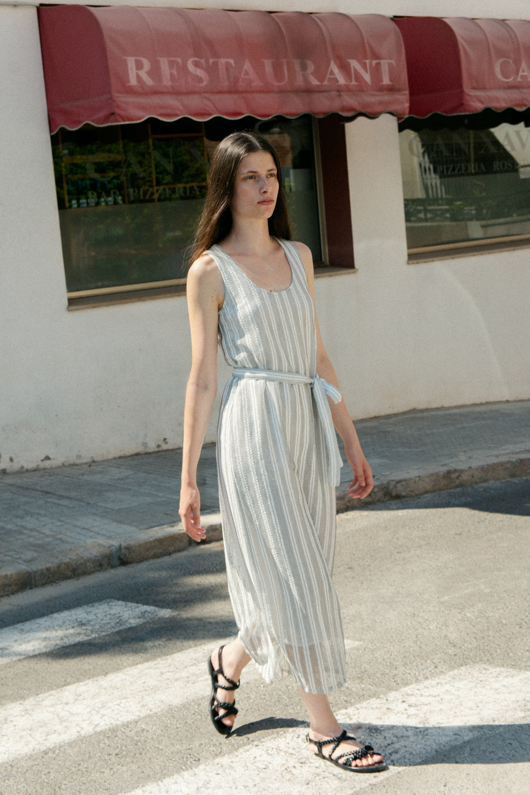 Scoop Neck Column Maxi Dress in Embroidered Stripe