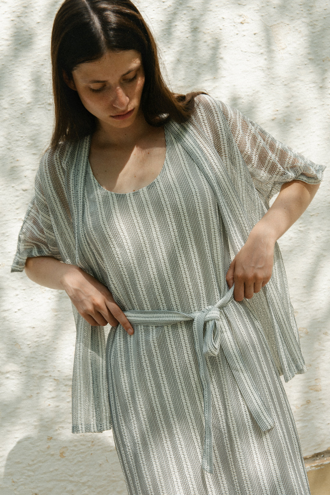Textured Kimono Outer in Embroidered Stripe