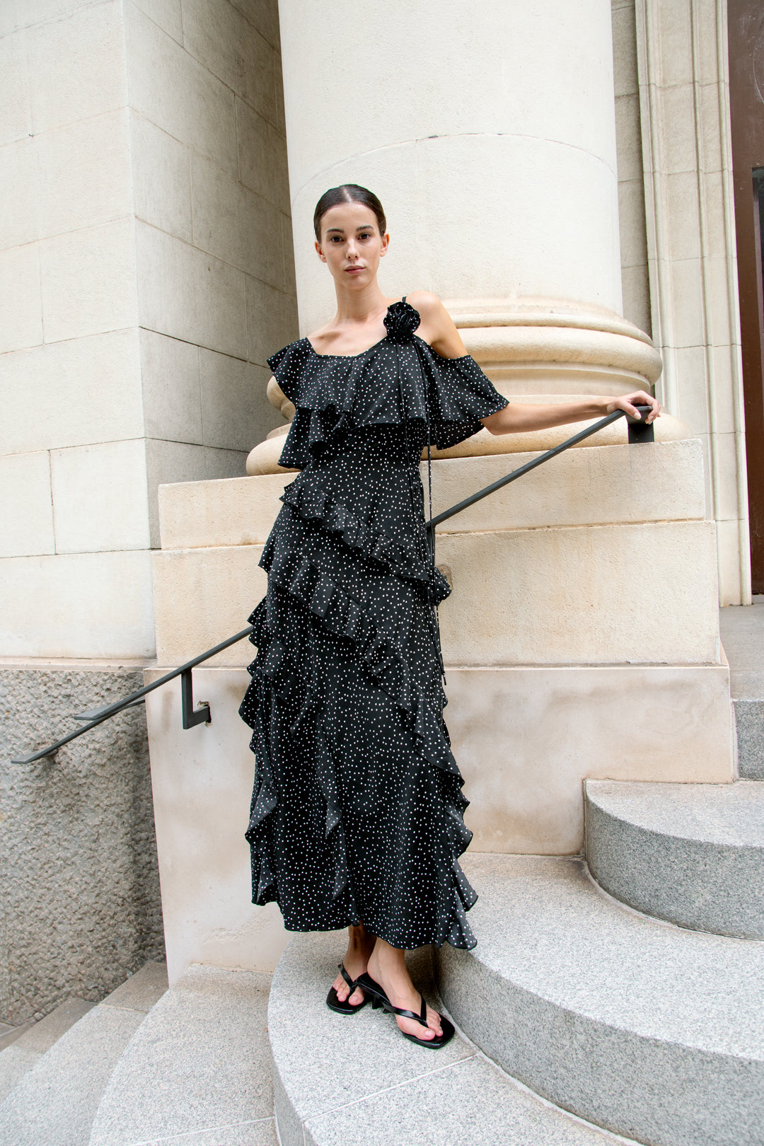 Ruffled Polka Dot Maxi Dress in Black