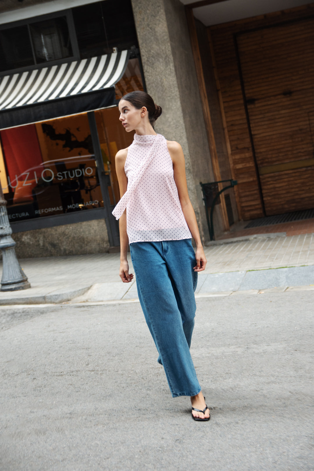 Sash Neckline Halter Blouse in Polka Dot Pink