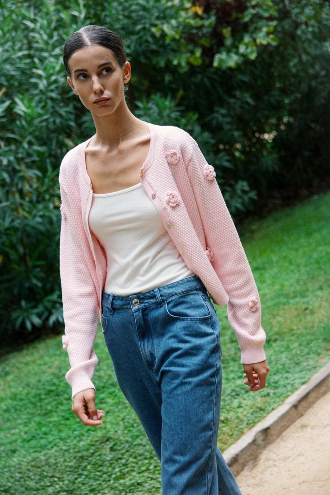 Floral Applique Cardigan in Pink