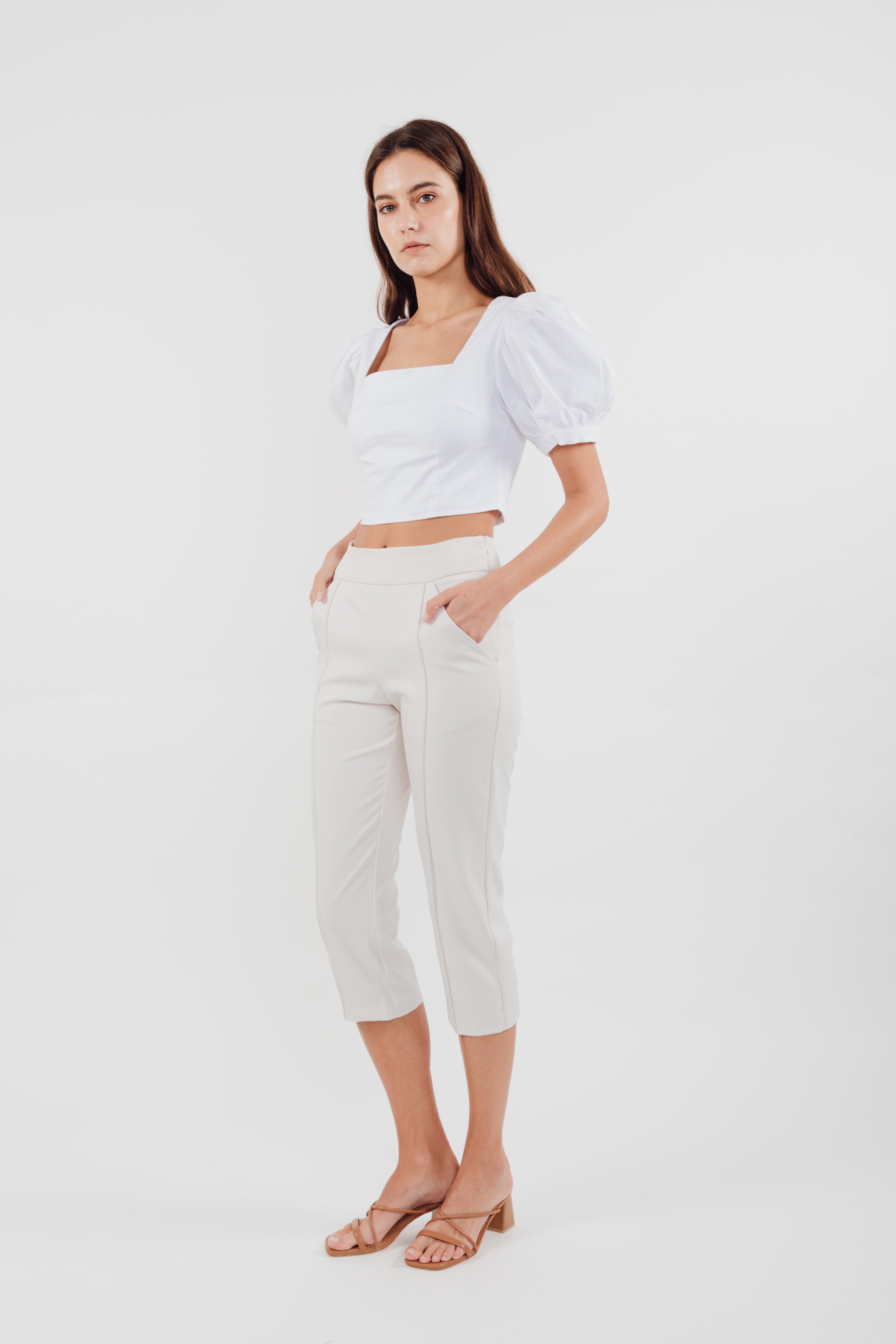 High Waisted Cropped Trousers in Cream (Sale)