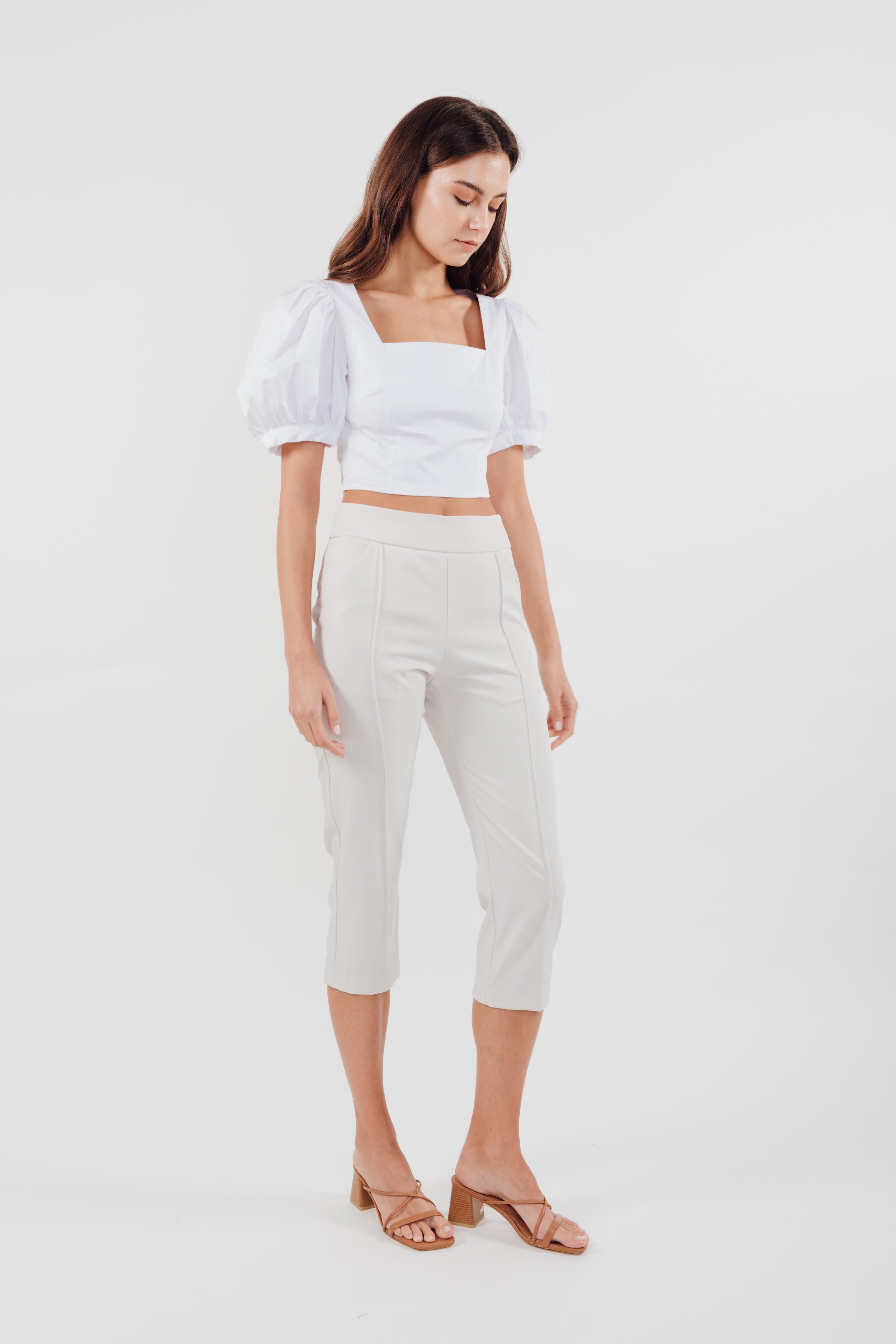 High Waisted Cropped Trousers in Cream (Sale)