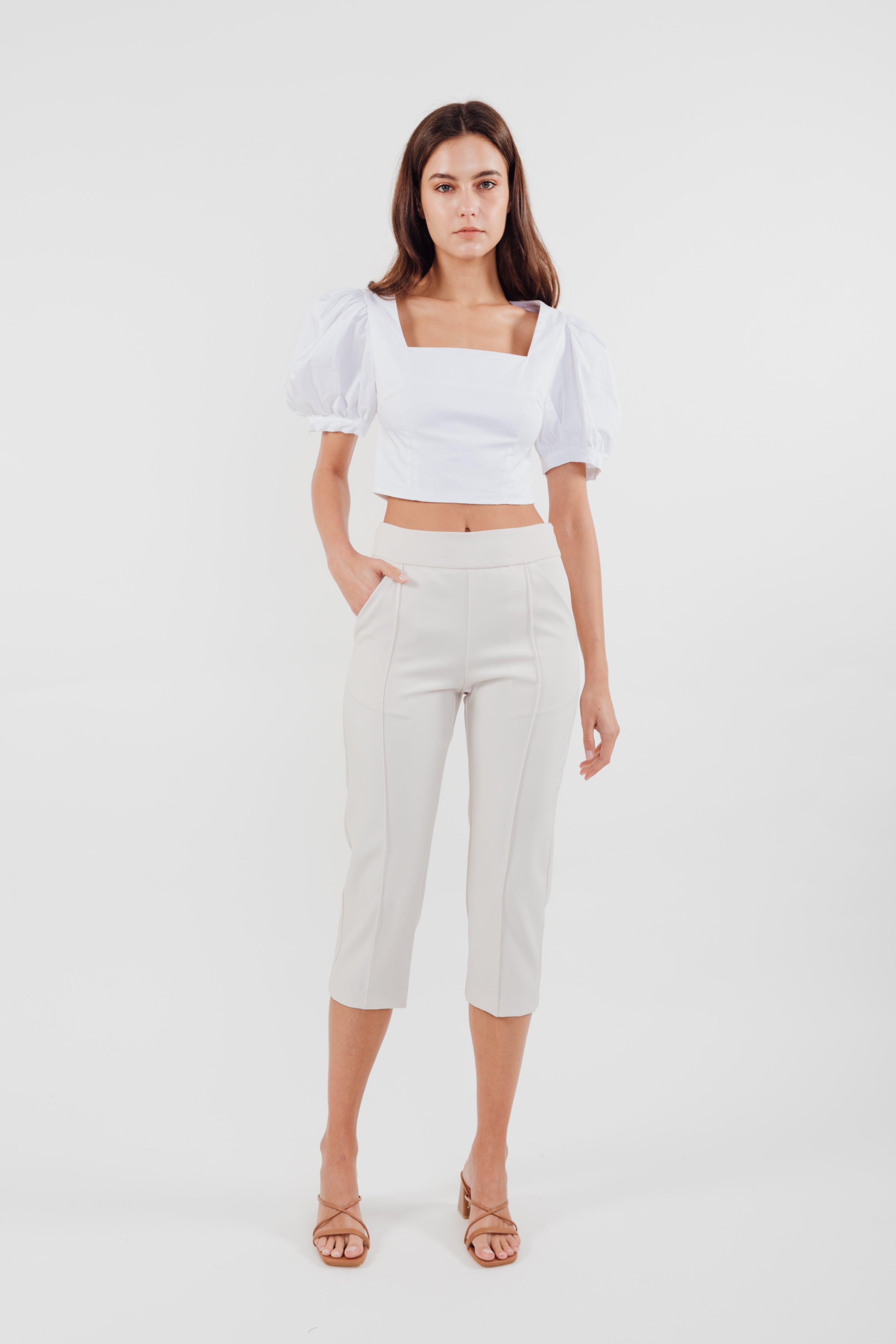 High Waisted Cropped Trousers in Cream (Sale)