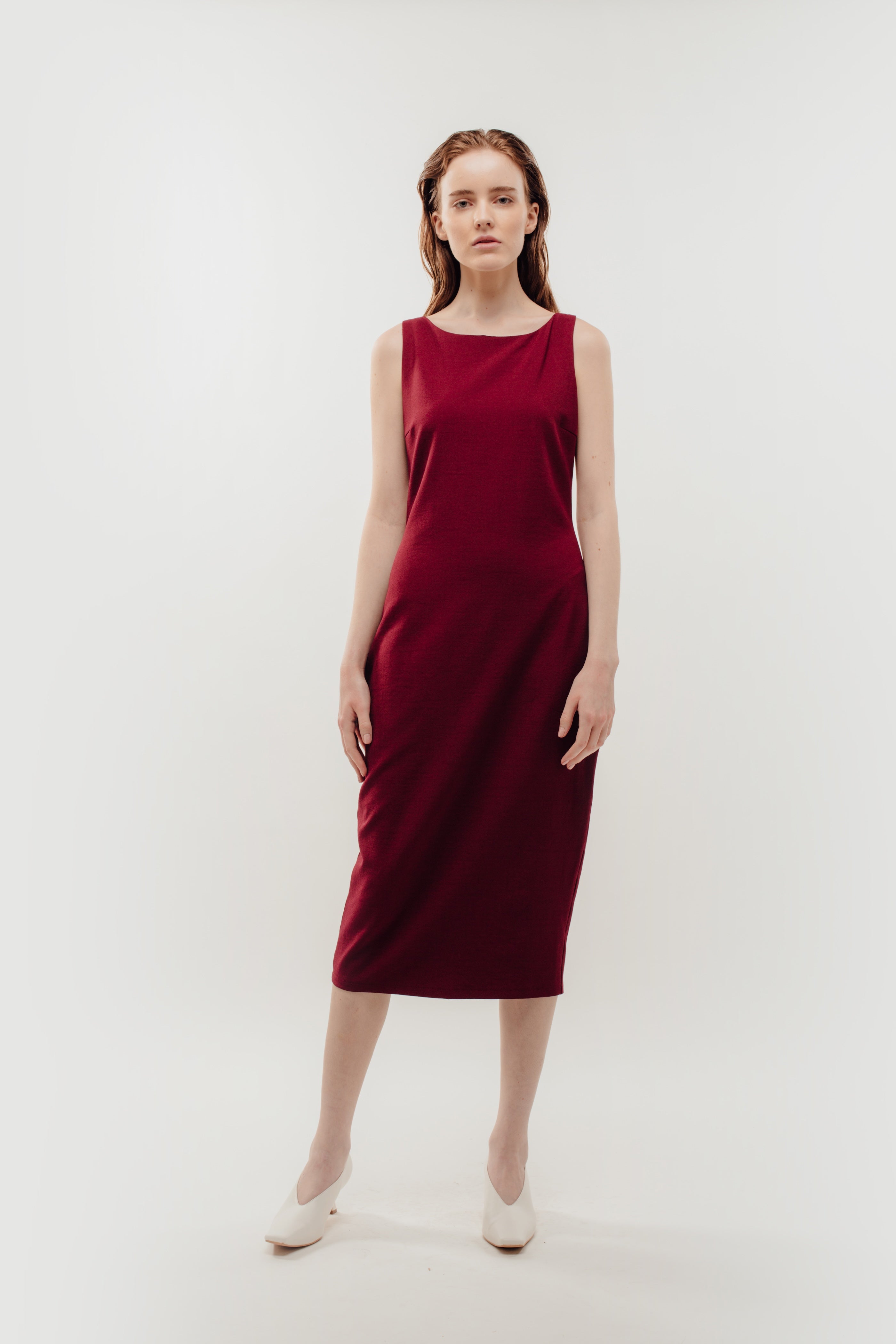 Classic Midi Dress w Exposed Zipper Slit In Red (Sale)
