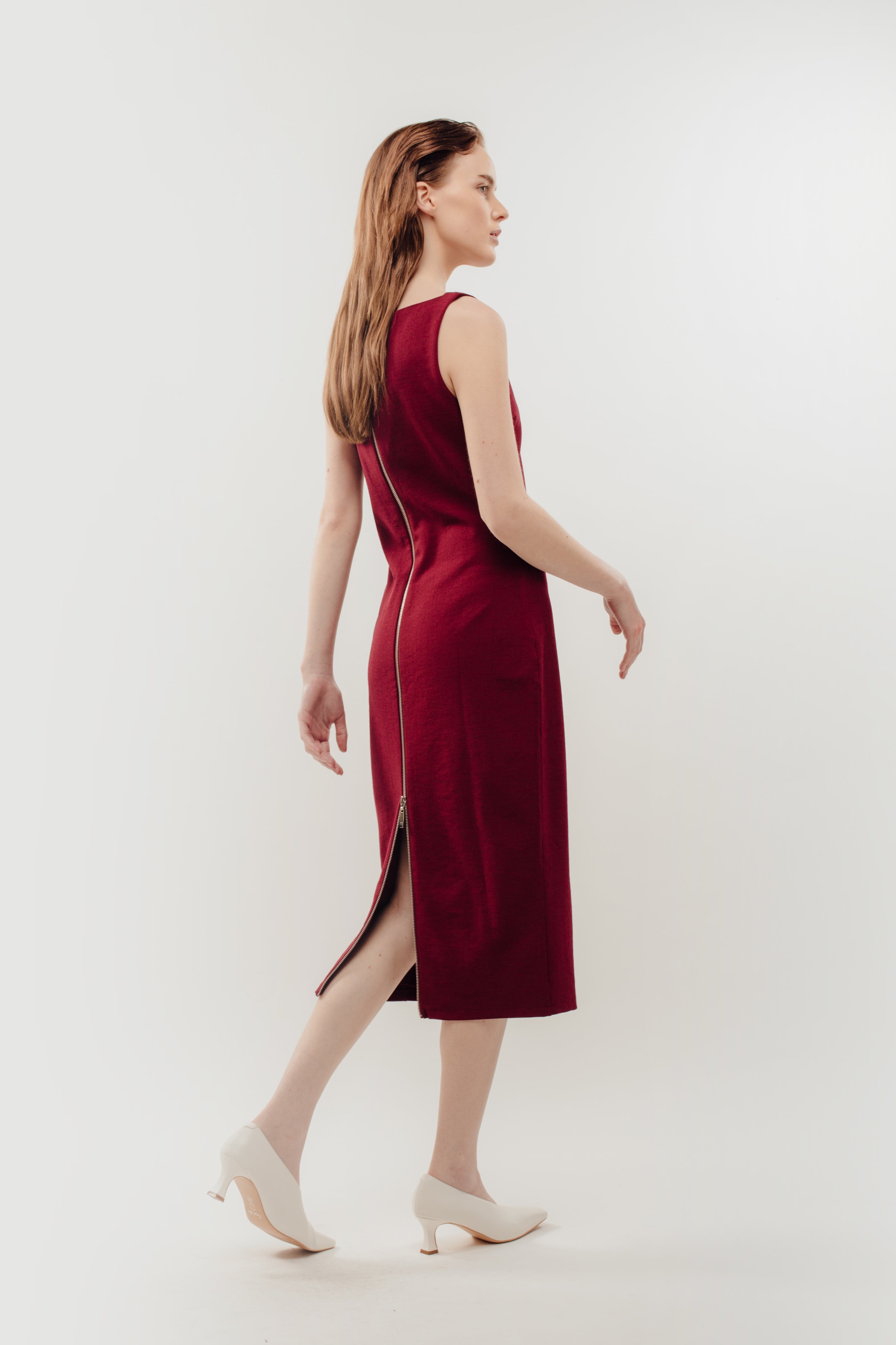 Classic Midi Dress w Exposed Zipper Slit In Red (Sale)