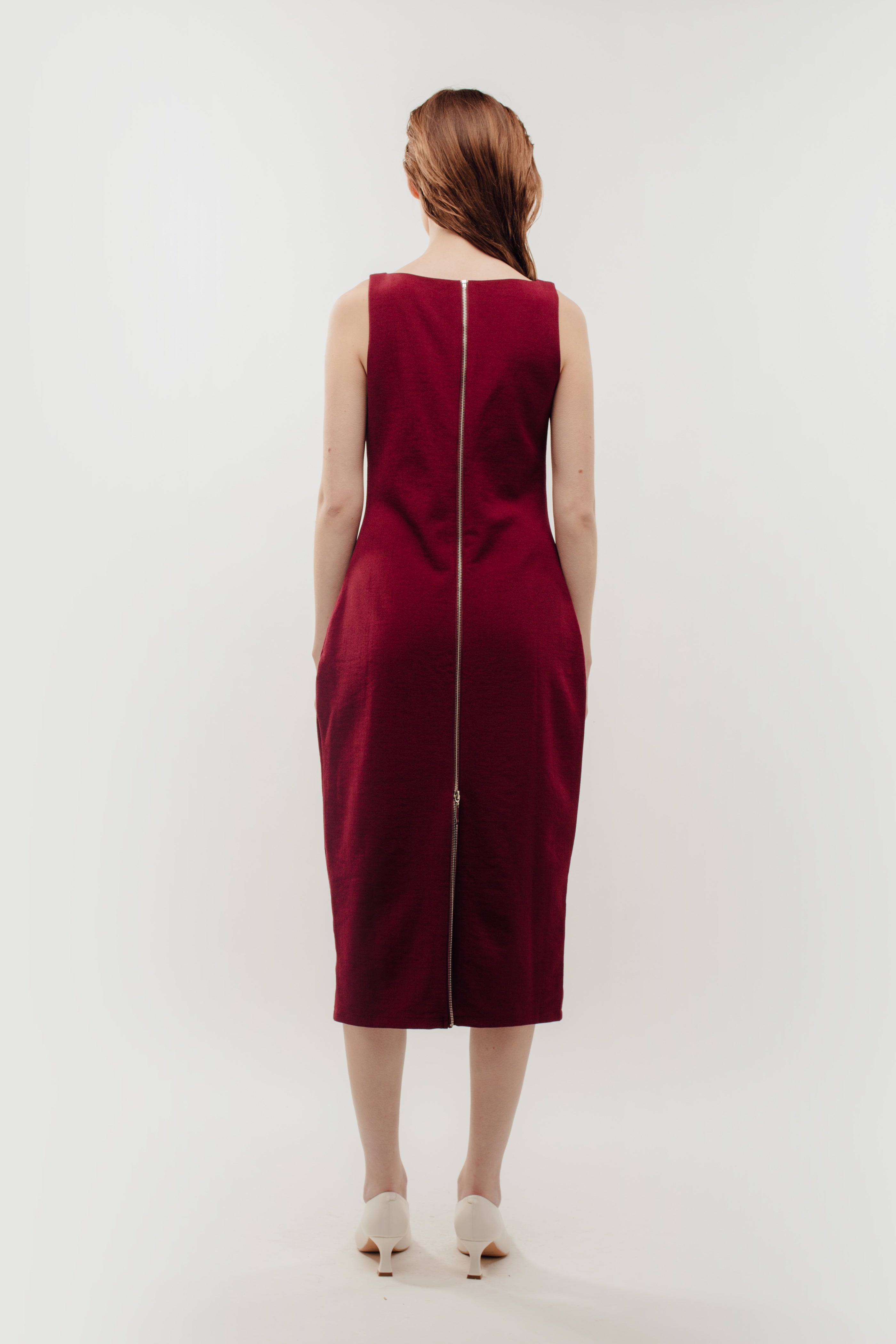 Classic Midi Dress w Exposed Zipper Slit In Red (Sale)