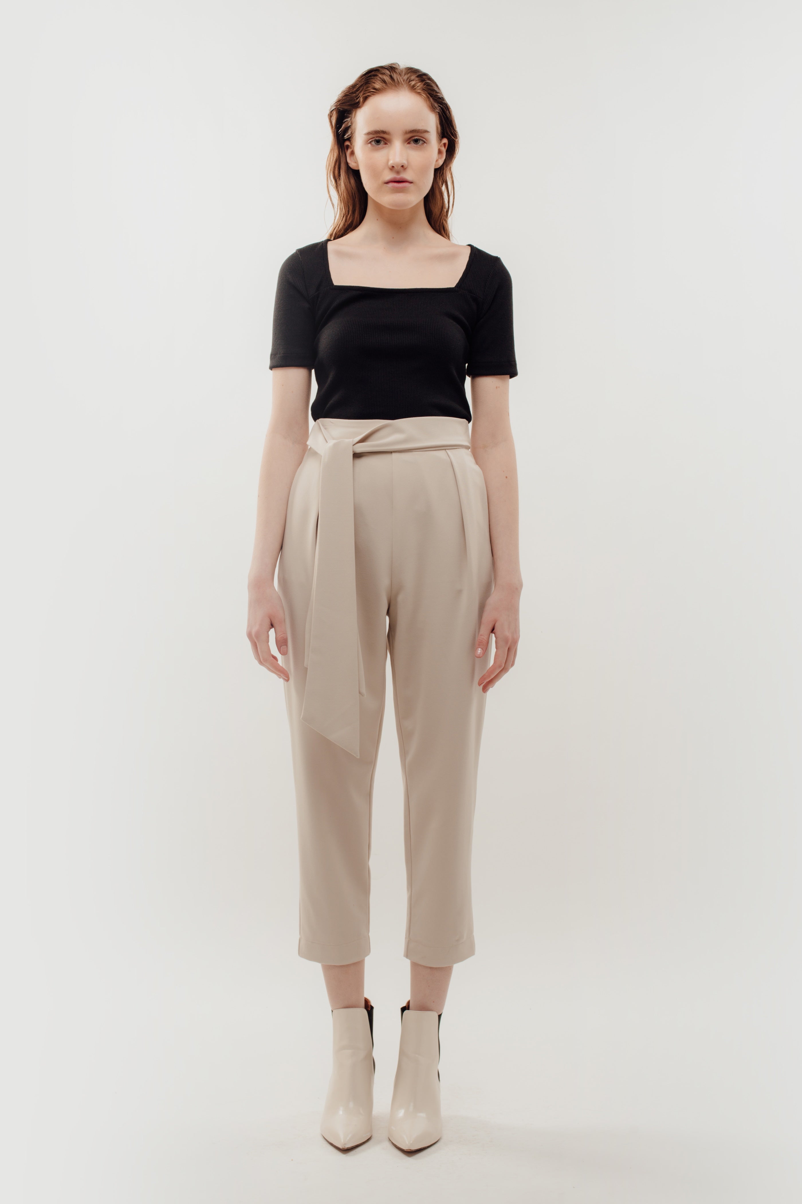 High Waisted Trousers with Belt Tie in Beige (Sale)