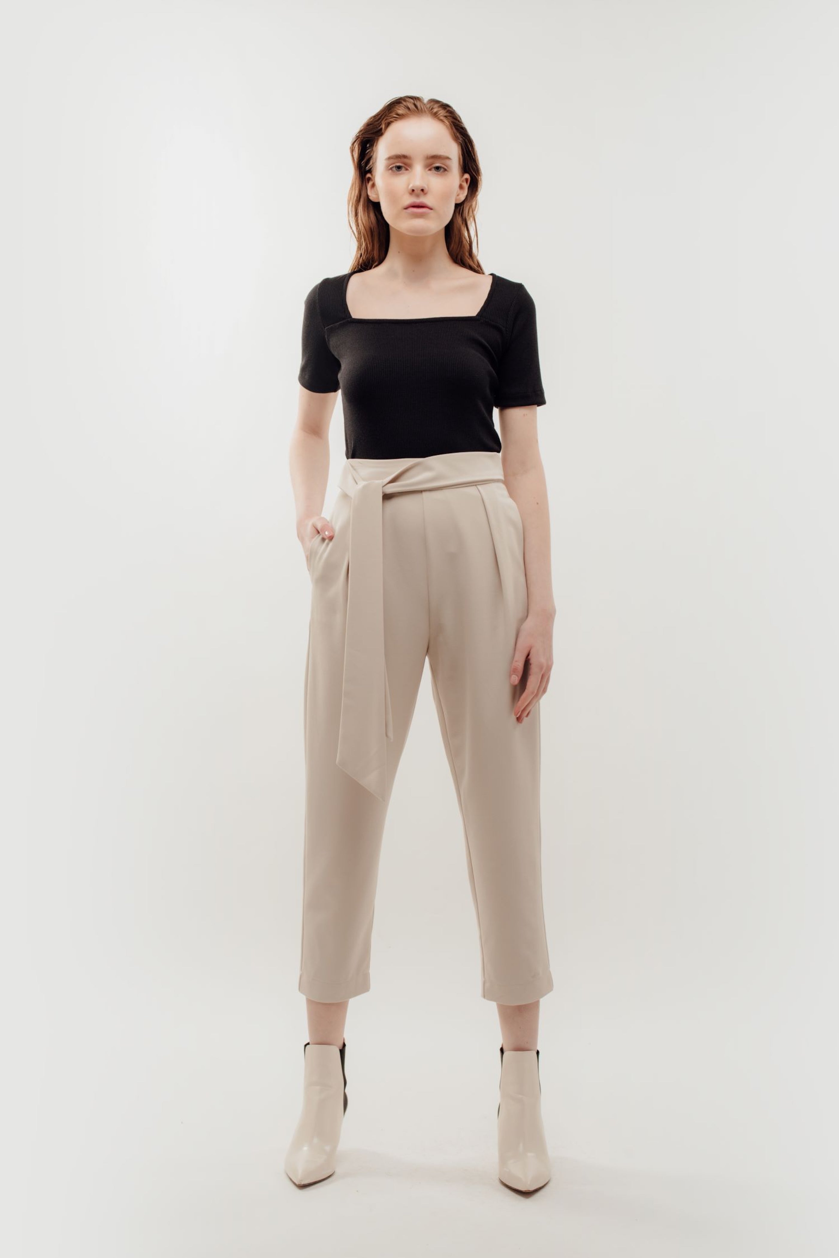 High Waisted Trousers with Belt Tie in Beige (Sale)