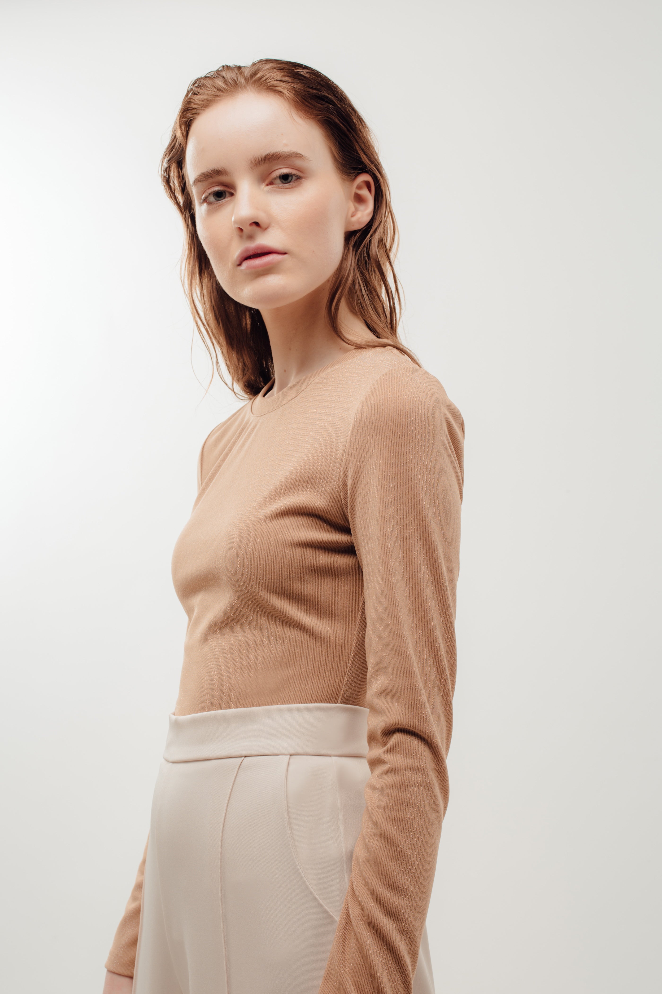 Fitted Long Sleeve Shirt in Shimmer Beige (Sale)