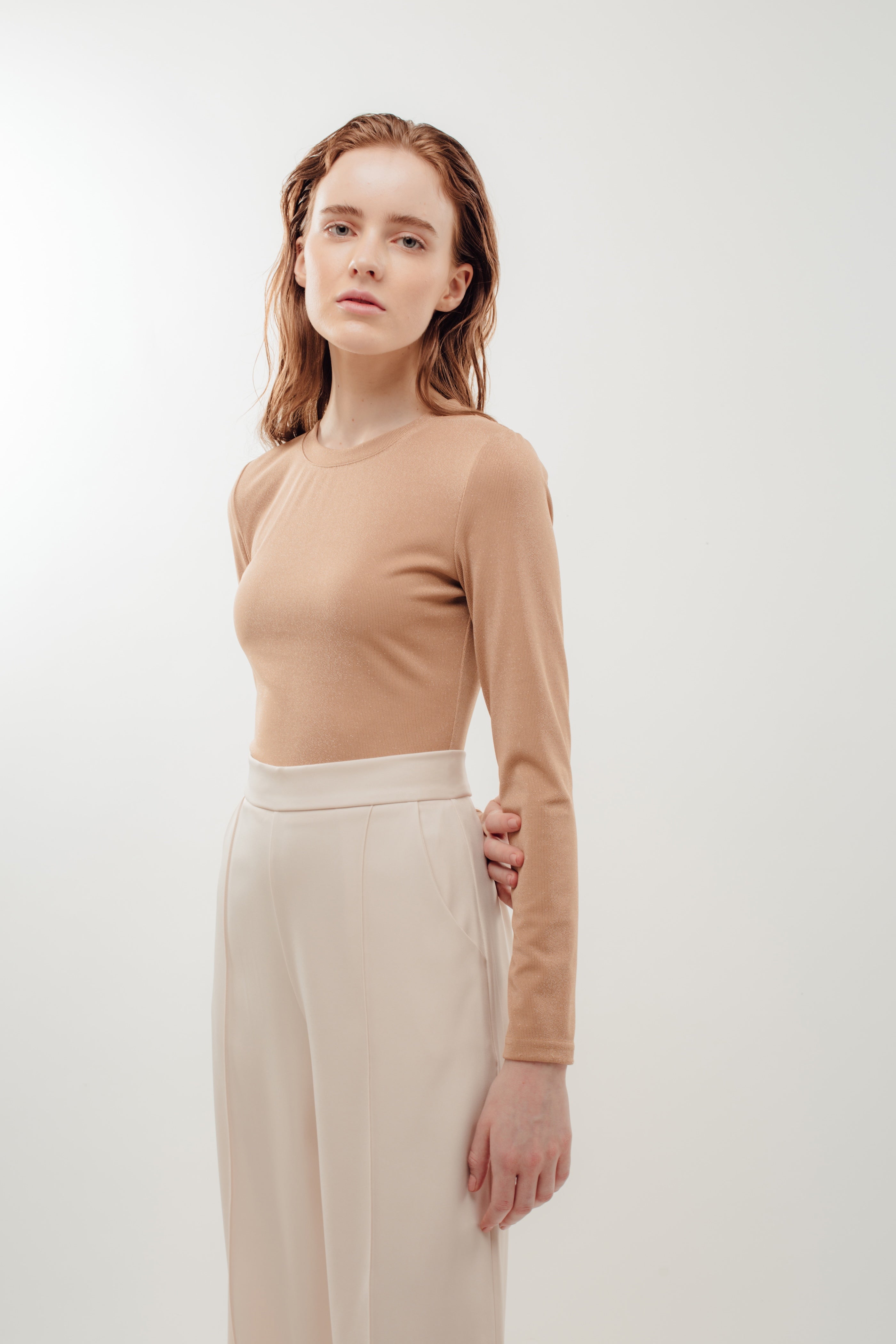Fitted Long Sleeve Shirt in Shimmer Beige (Sale)