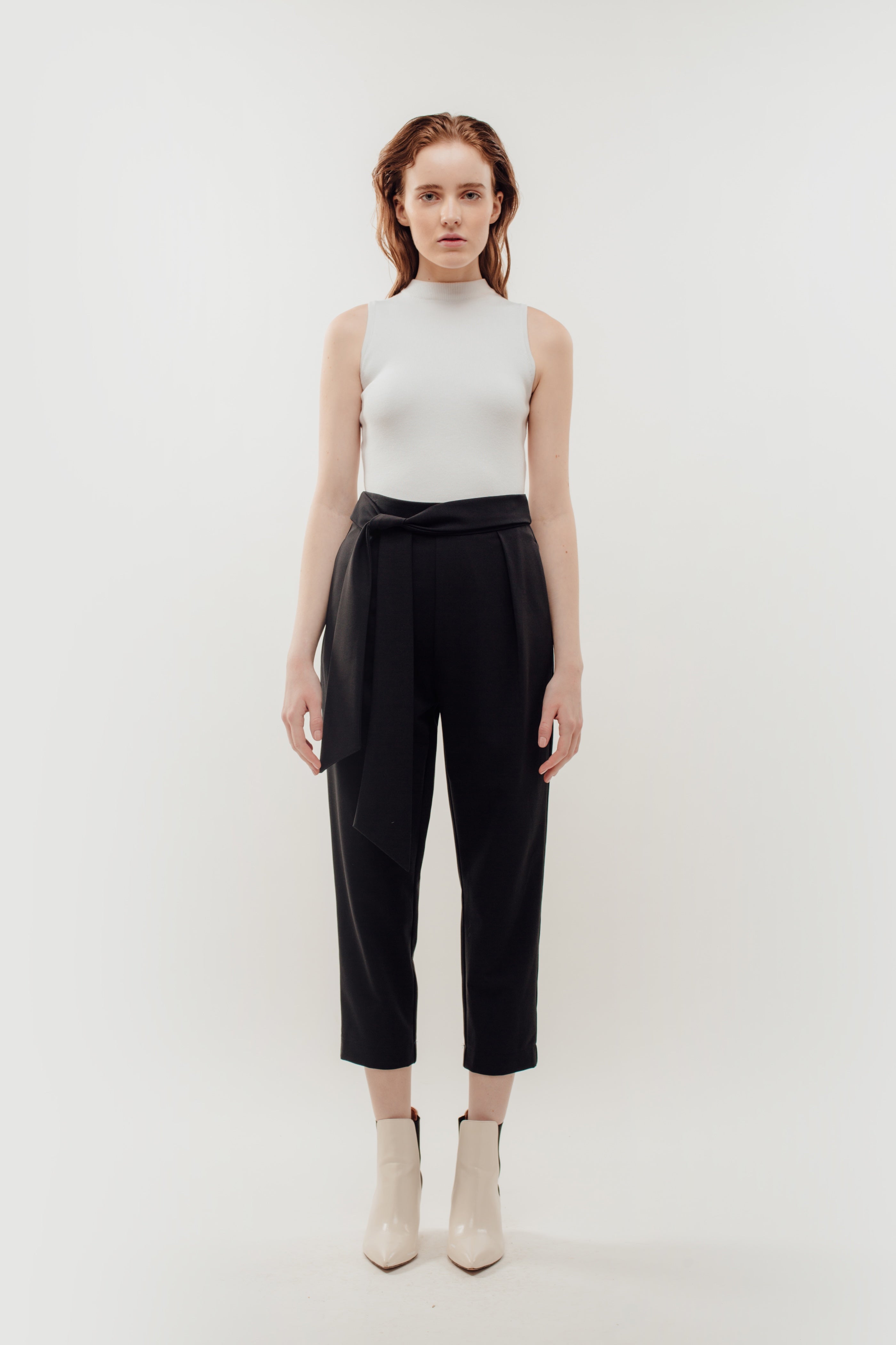 High Waisted Trousers with Belt Tie in Navy (Sale)