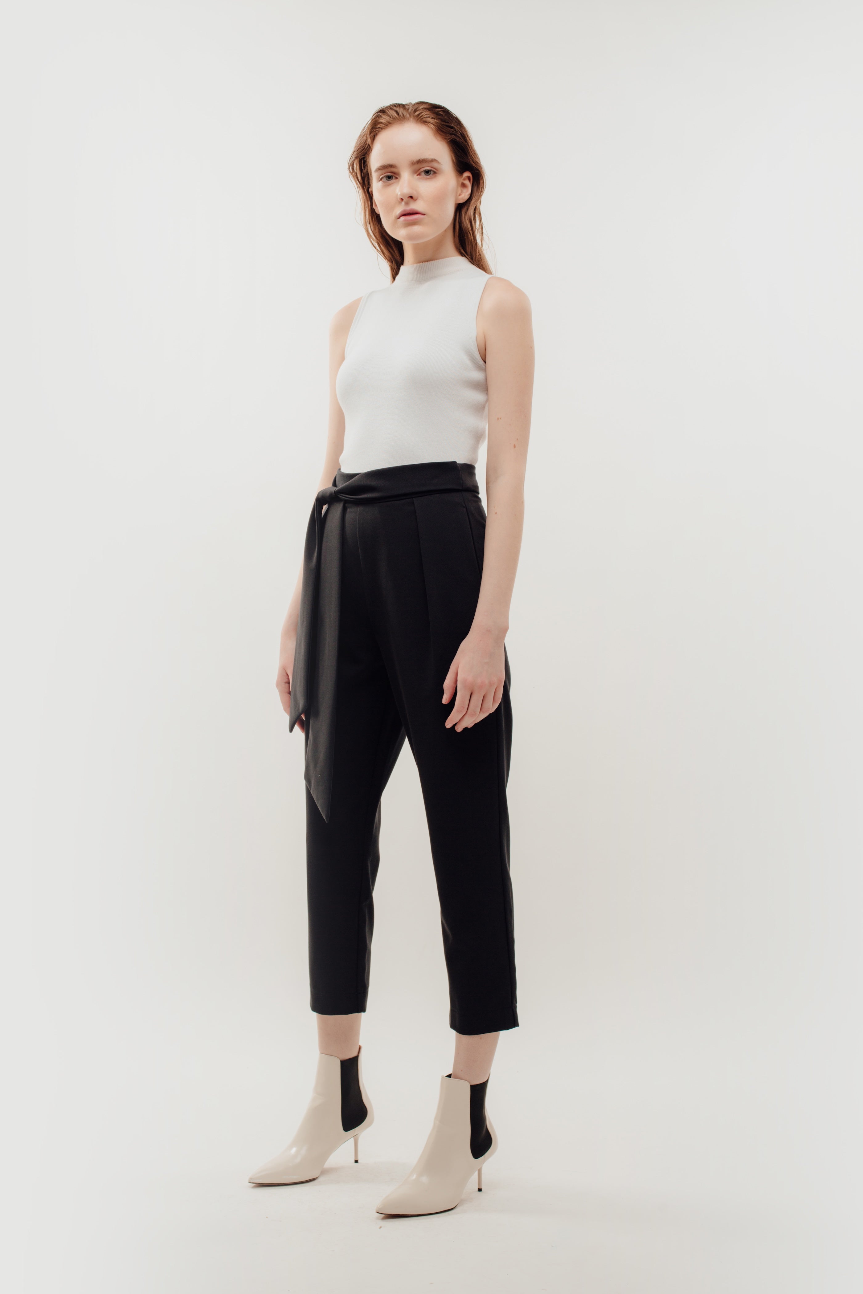 High Waisted Trousers with Belt Tie in Navy (Sale)