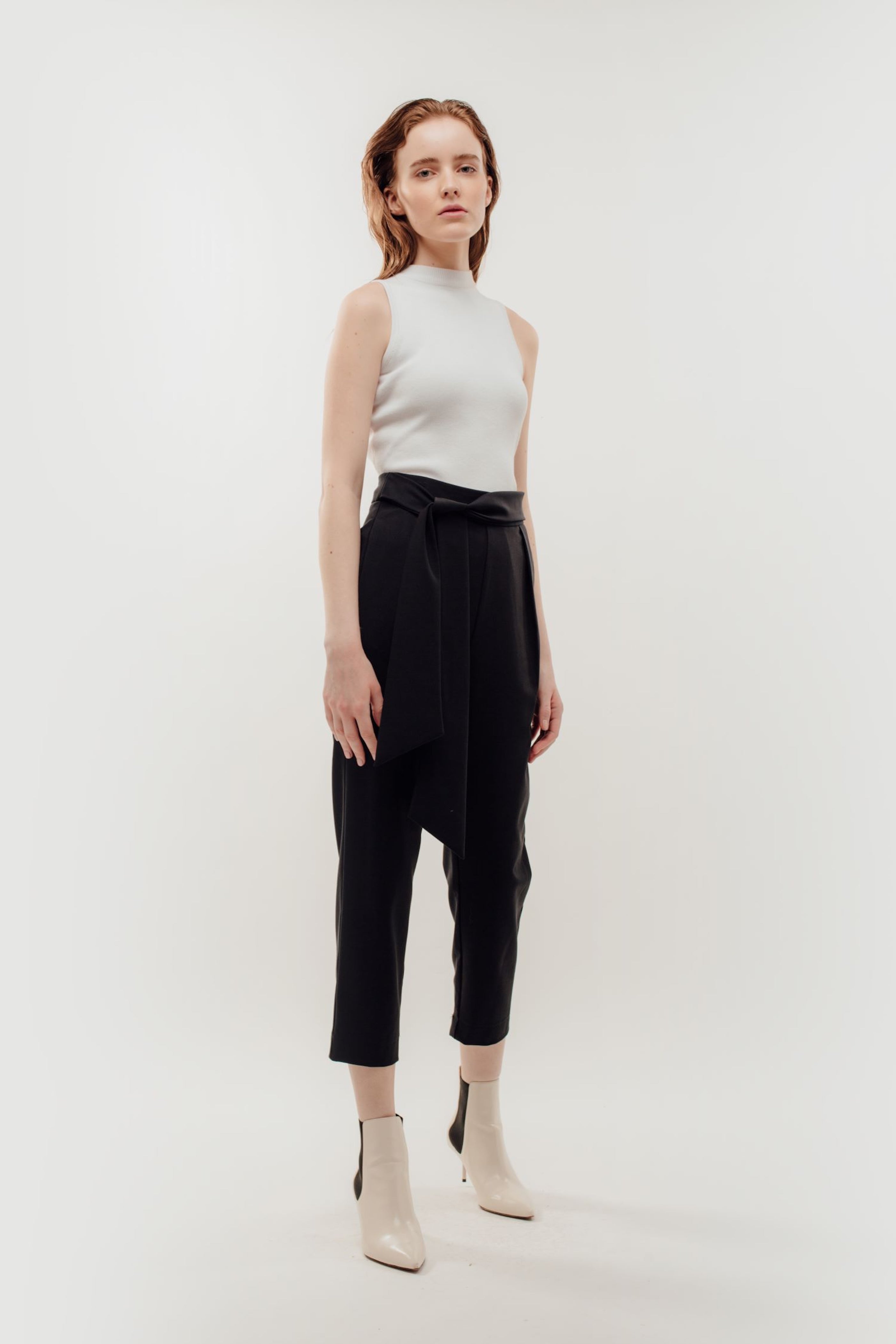 High Waisted Trousers with Belt Tie in Navy (Sale)