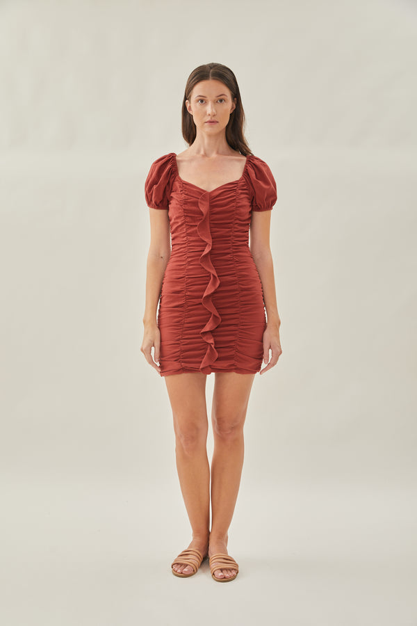 Ruched Mini Dress with Ruffles in Sienna