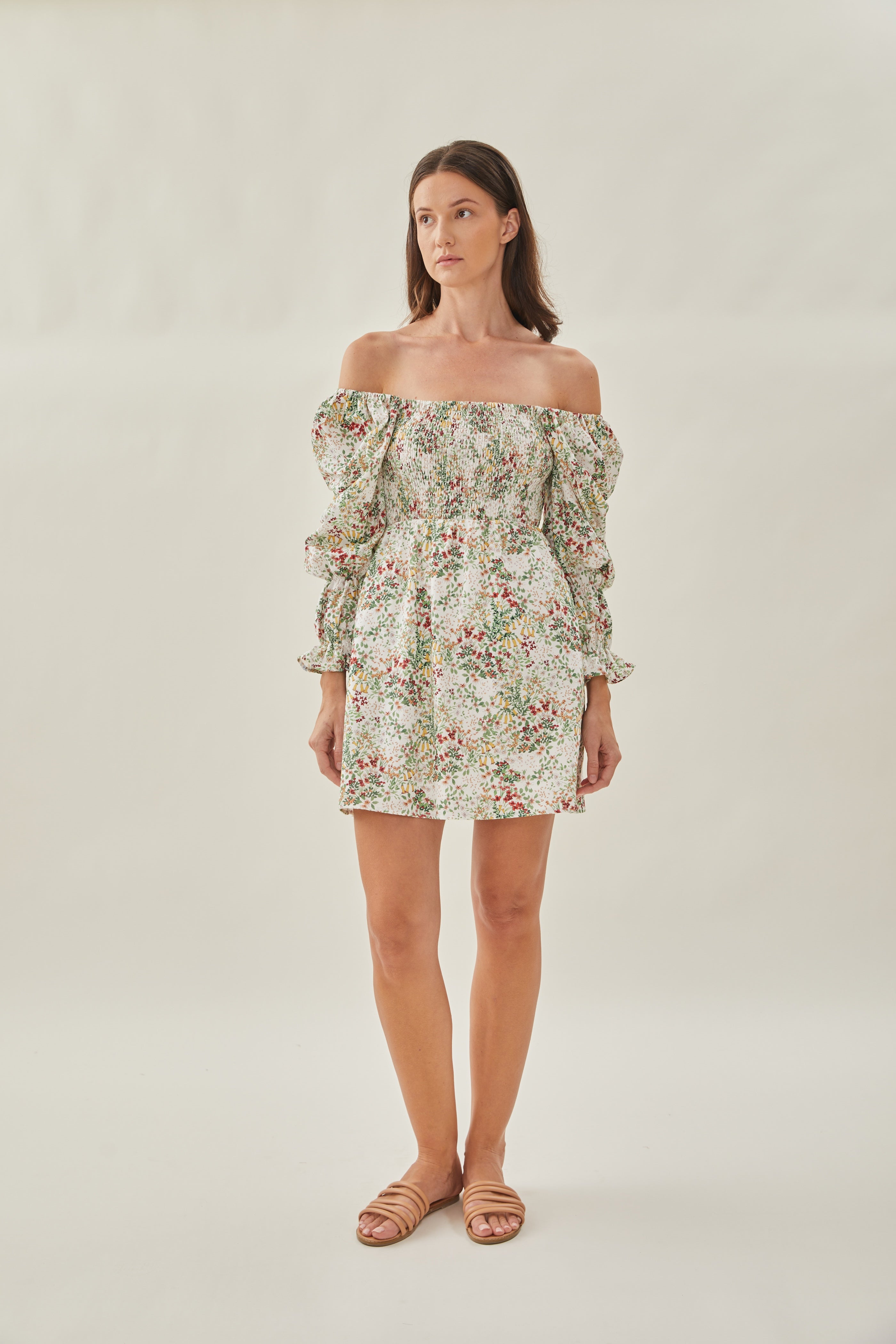 Cotton Shirred Mini Dress in Botany