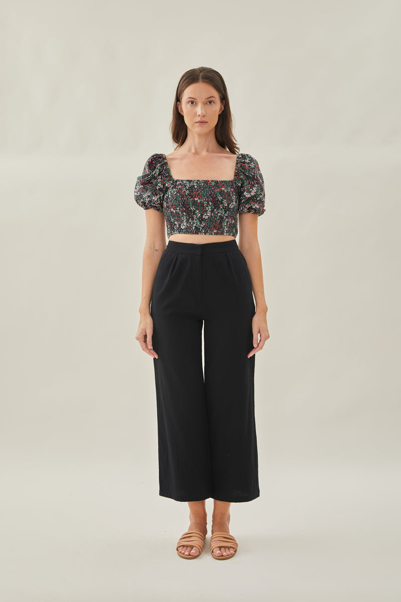 Puffed Sleeved Shirred Cropped Top in Wild