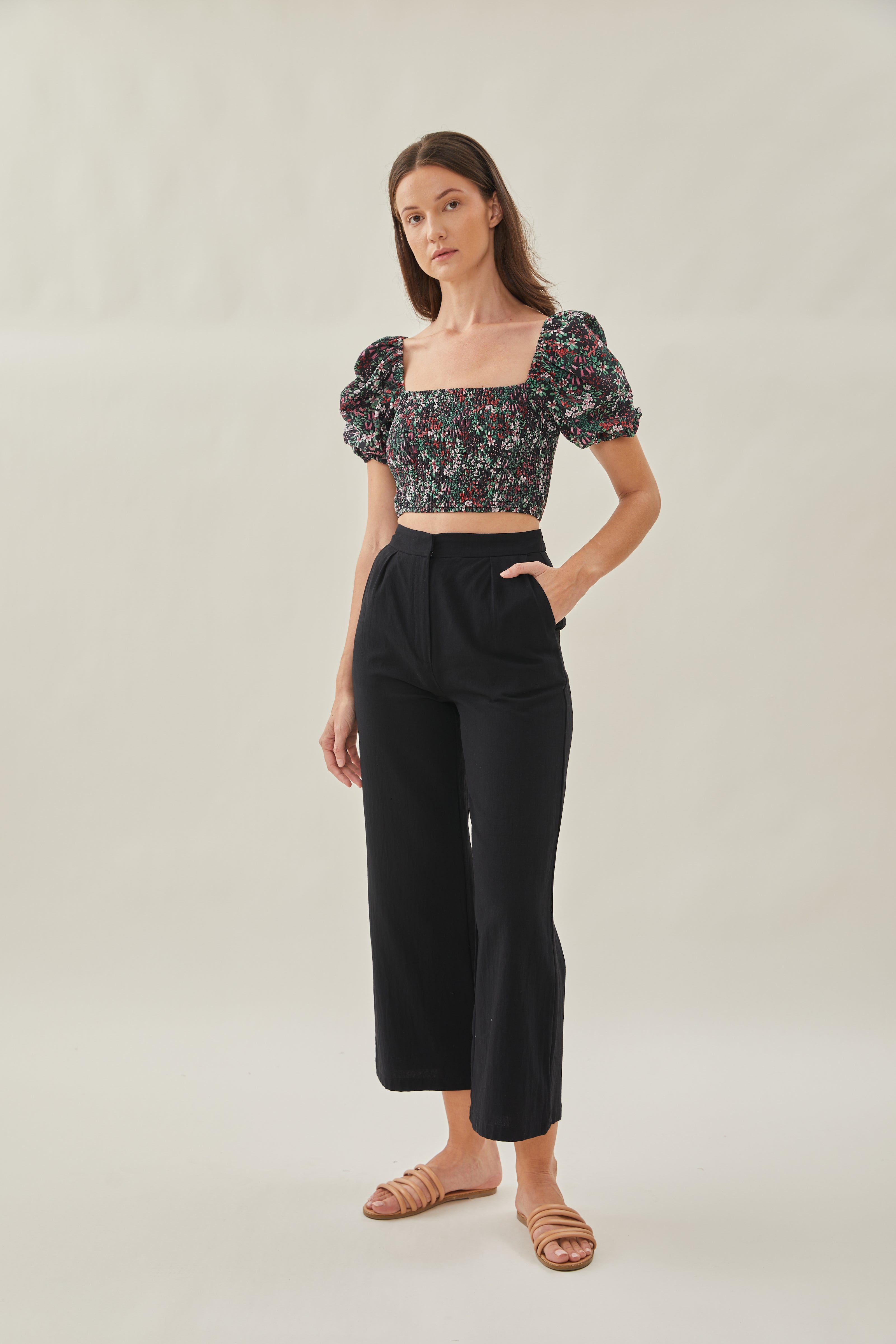 Puffed Sleeved Shirred Cropped Top in Wild