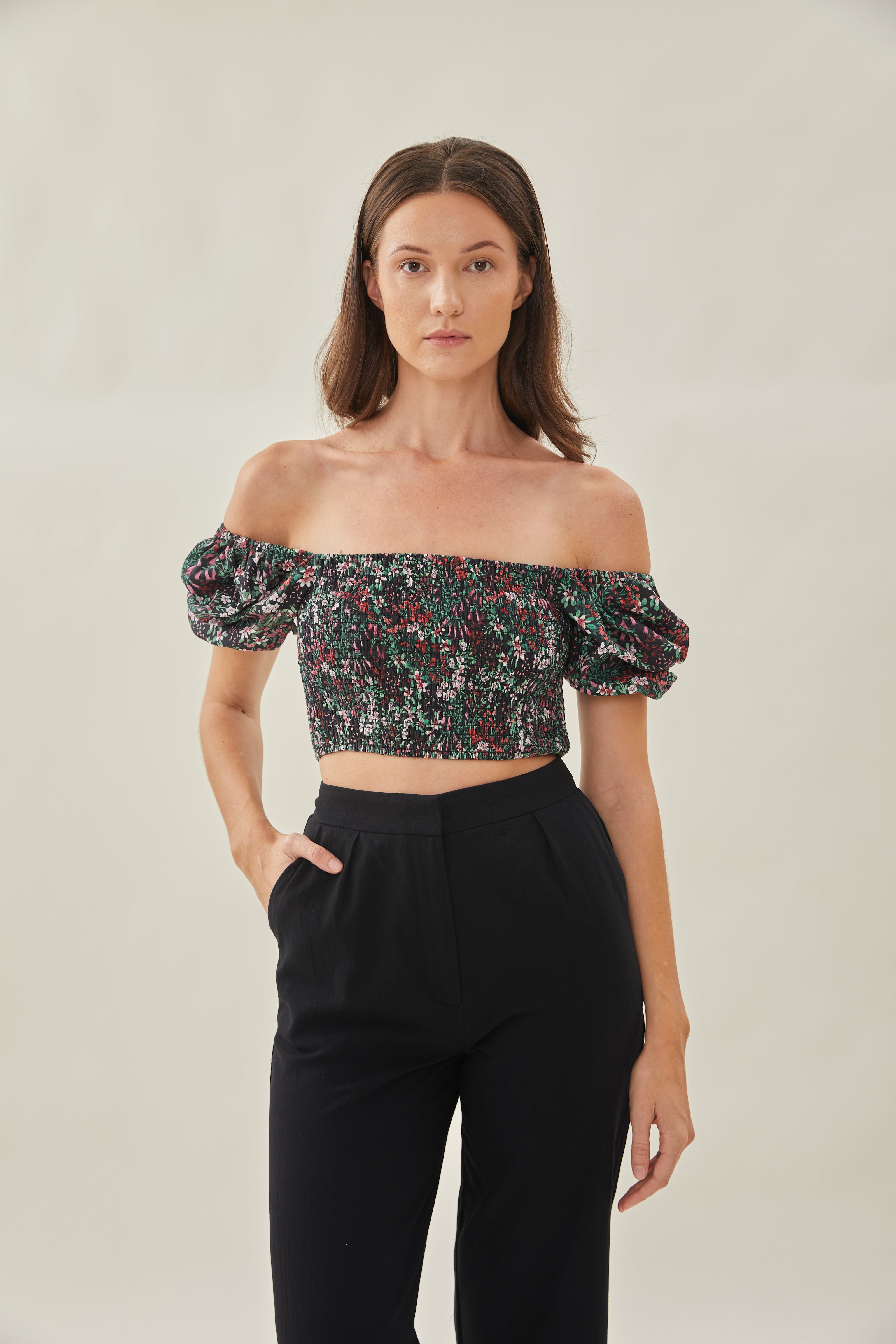 Puffed Sleeved Shirred Cropped Top in Wild