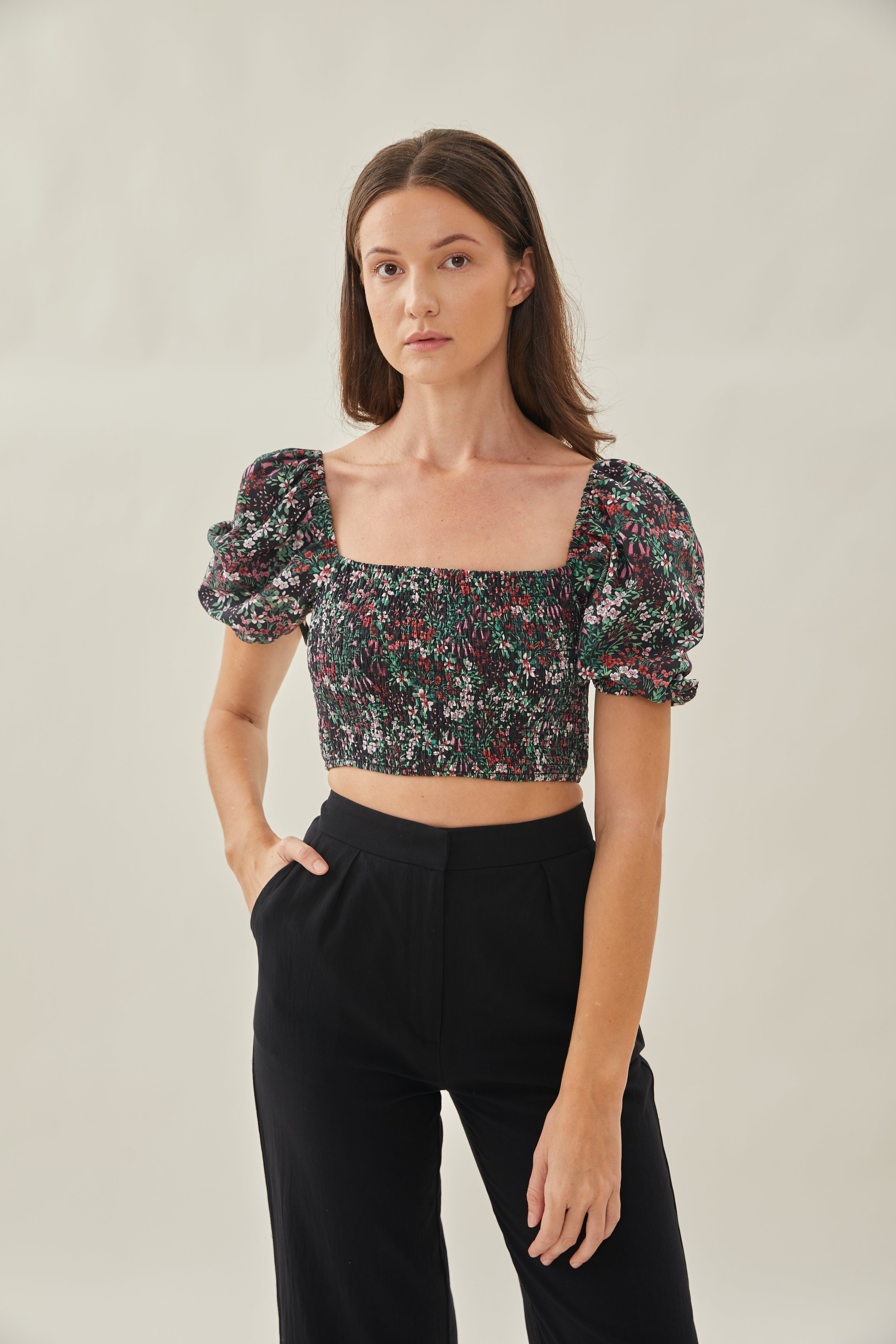 Puffed Sleeved Shirred Cropped Top in Wild