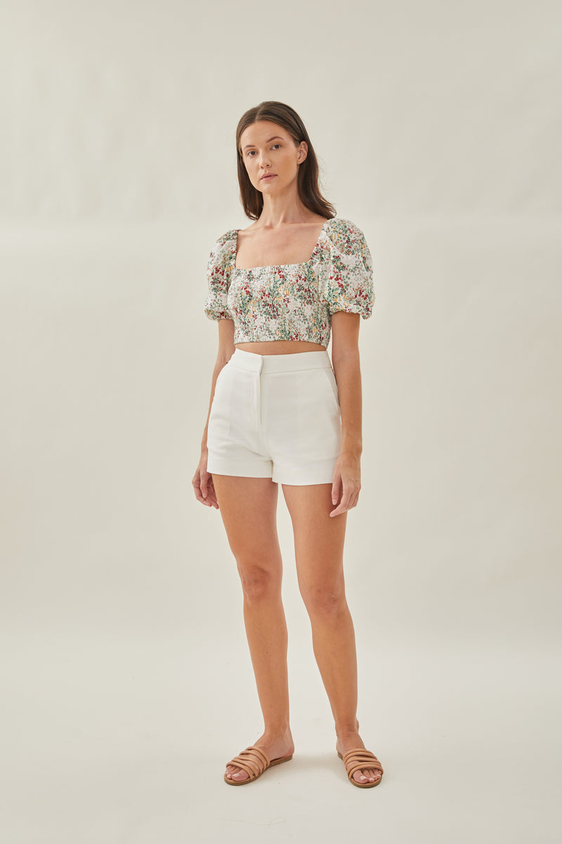Puffed Sleeved Shirred Cropped Top in Botany