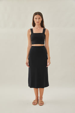 Cotton Straight Midi Skirt in Black