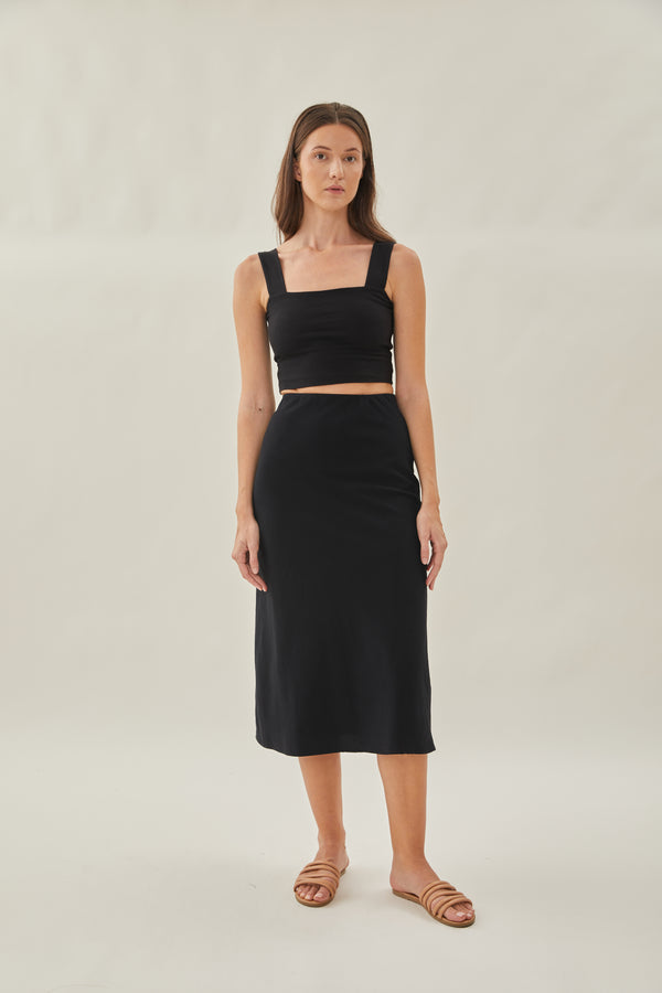 Cotton Straight Midi Skirt in Black