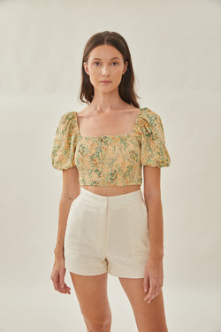 Puffed Sleeved Shirred Cropped Top in Canary