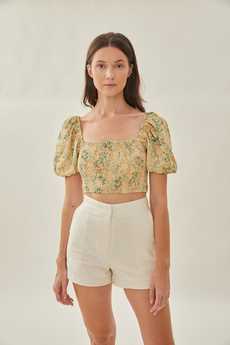 Puffed Sleeved Shirred Cropped Top in Canary