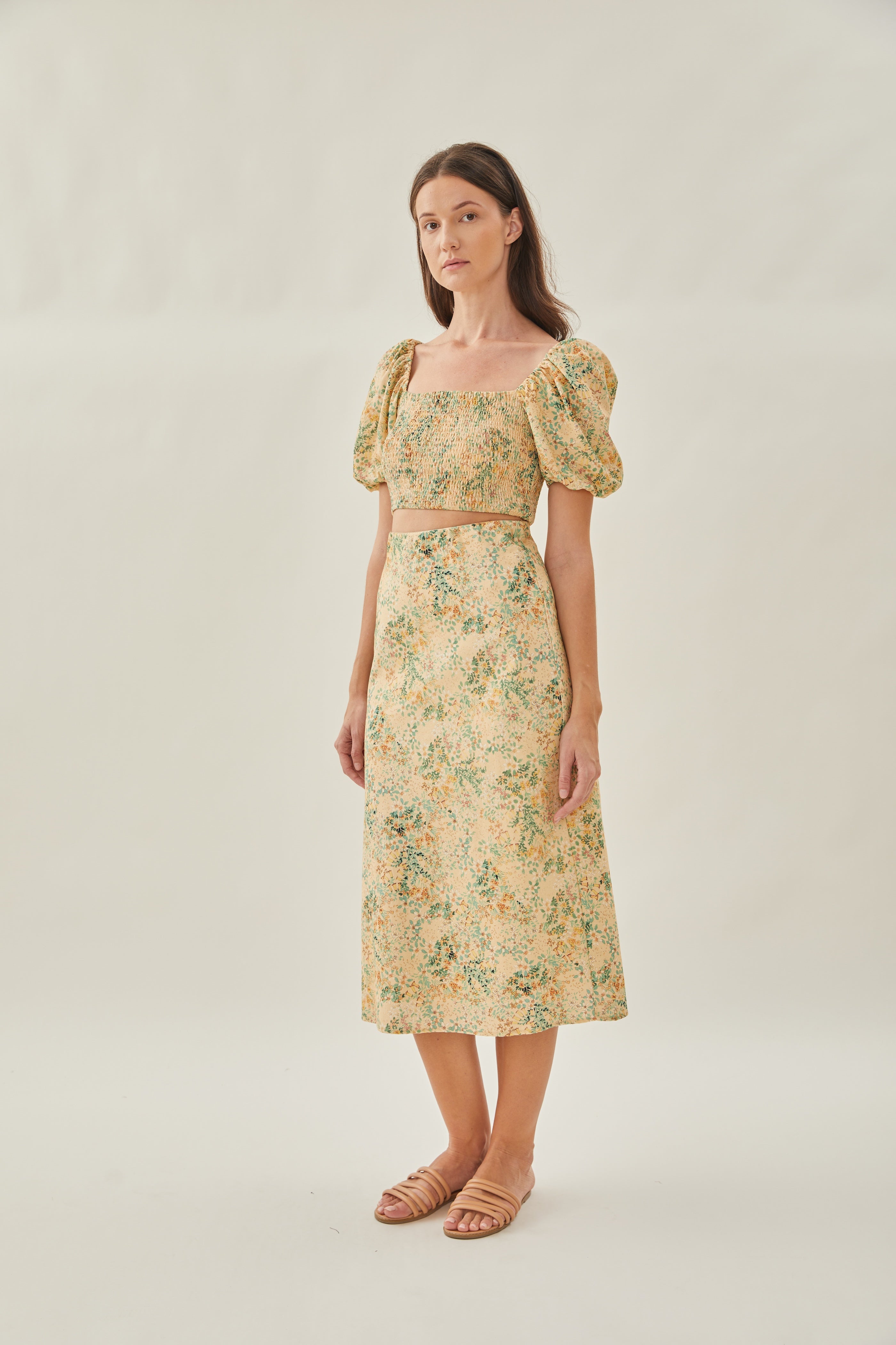 Cotton Straight Midi Skirt in Canary