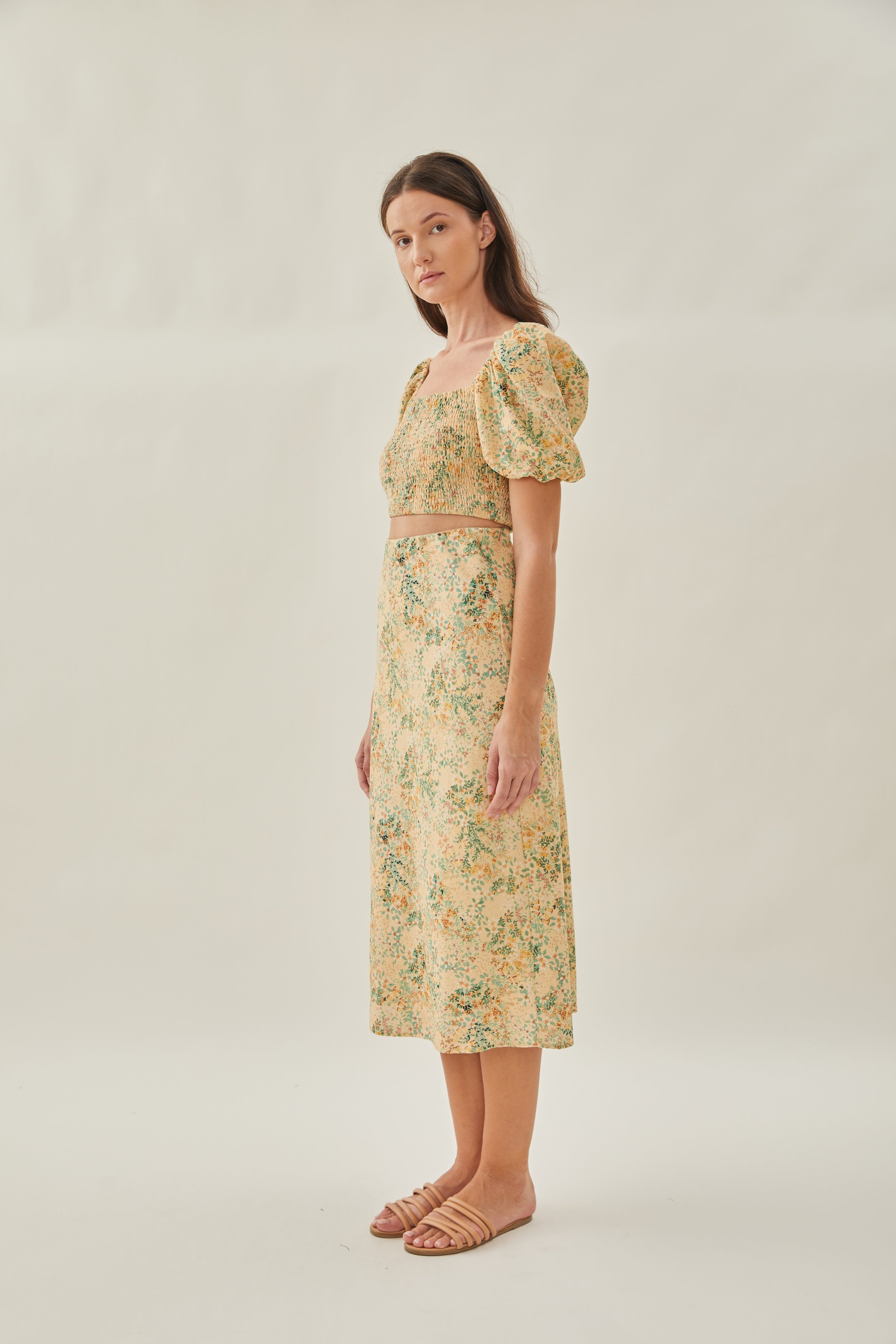 Cotton Straight Midi Skirt in Canary