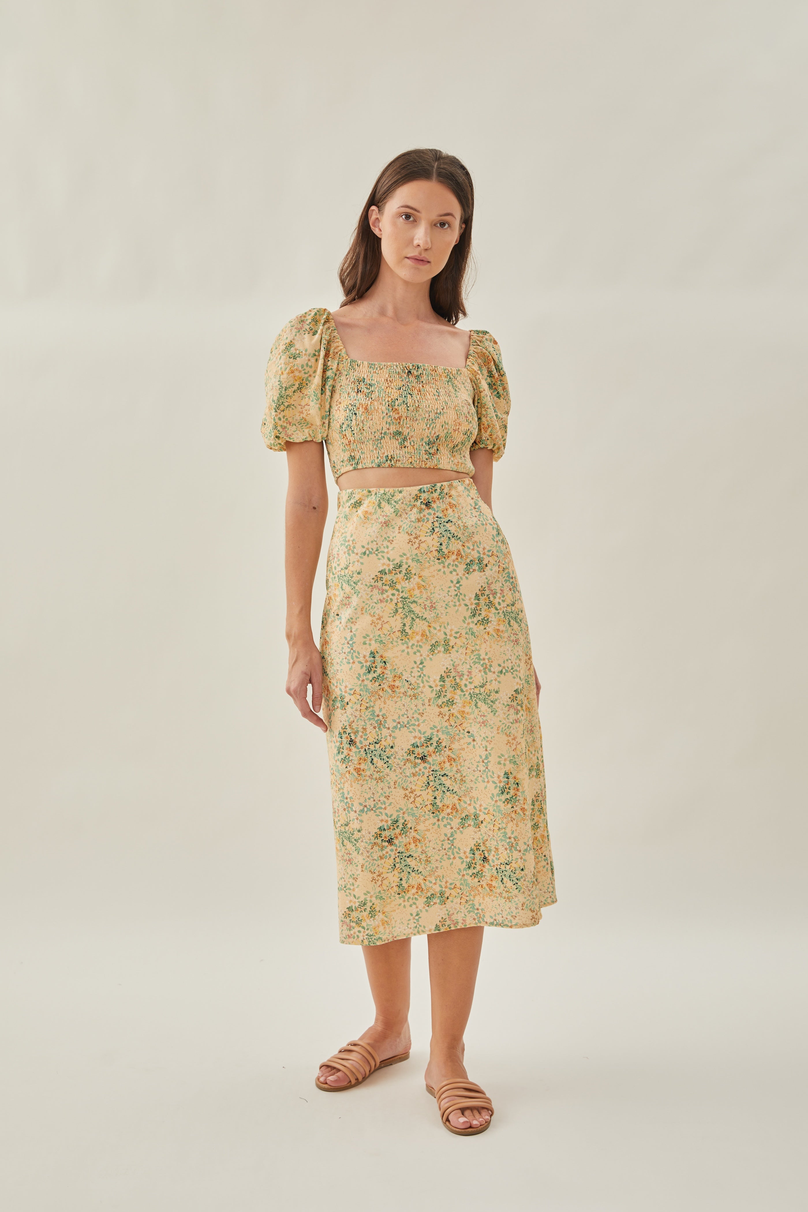 Cotton Straight Midi Skirt in Canary
