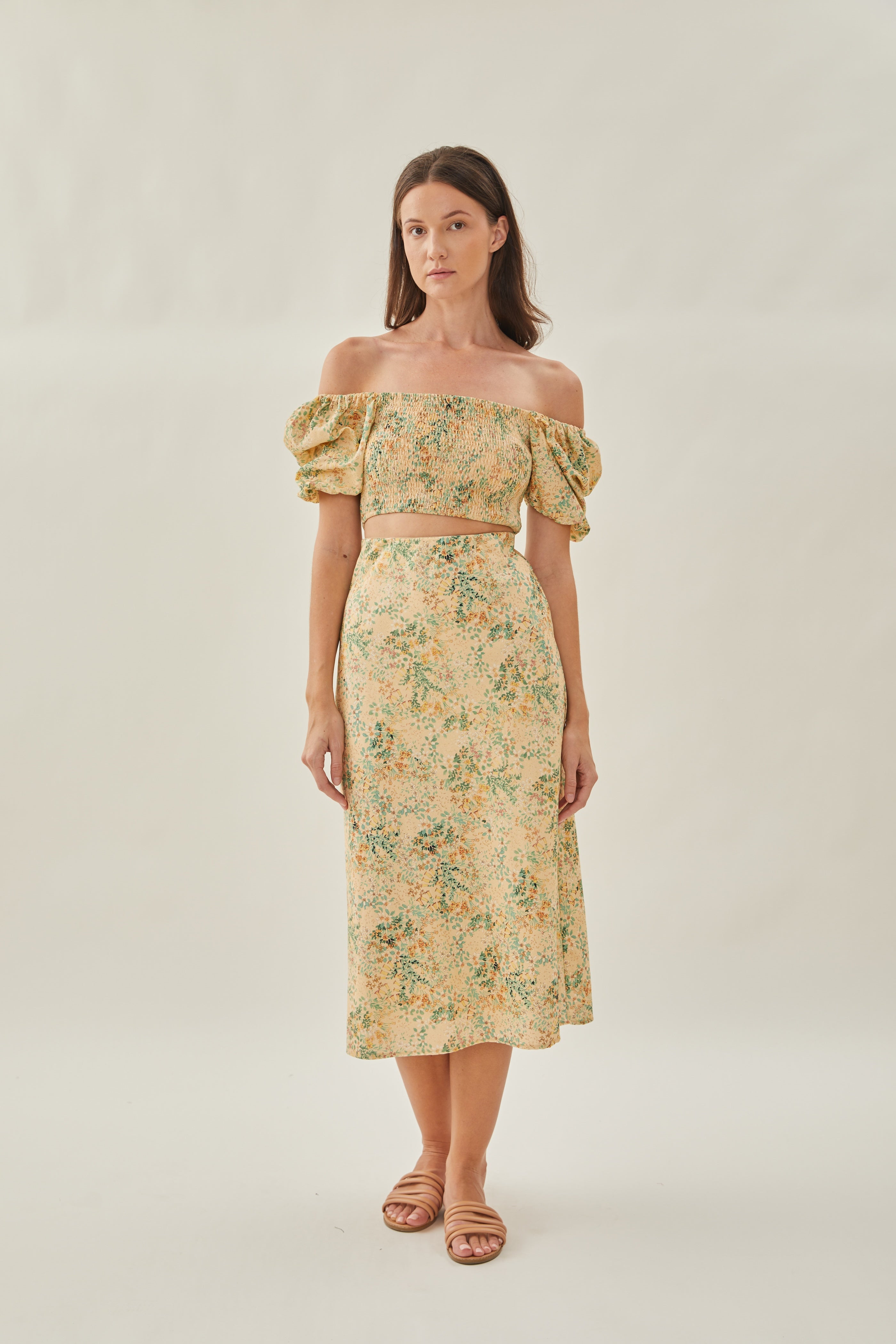 Cotton Straight Midi Skirt in Canary