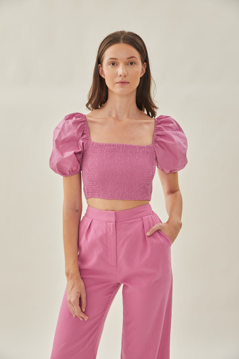 Puffed Sleeved Shirred Cropped Top in Hibiscus