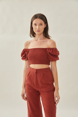 Puffed Sleeved Shirred Cropped Top in Sienna