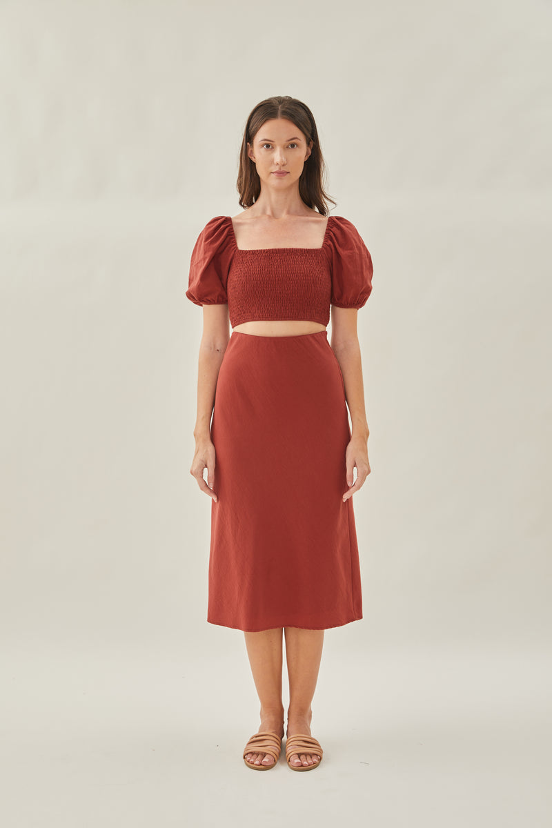 Cotton Straight Midi Skirt in Sienna