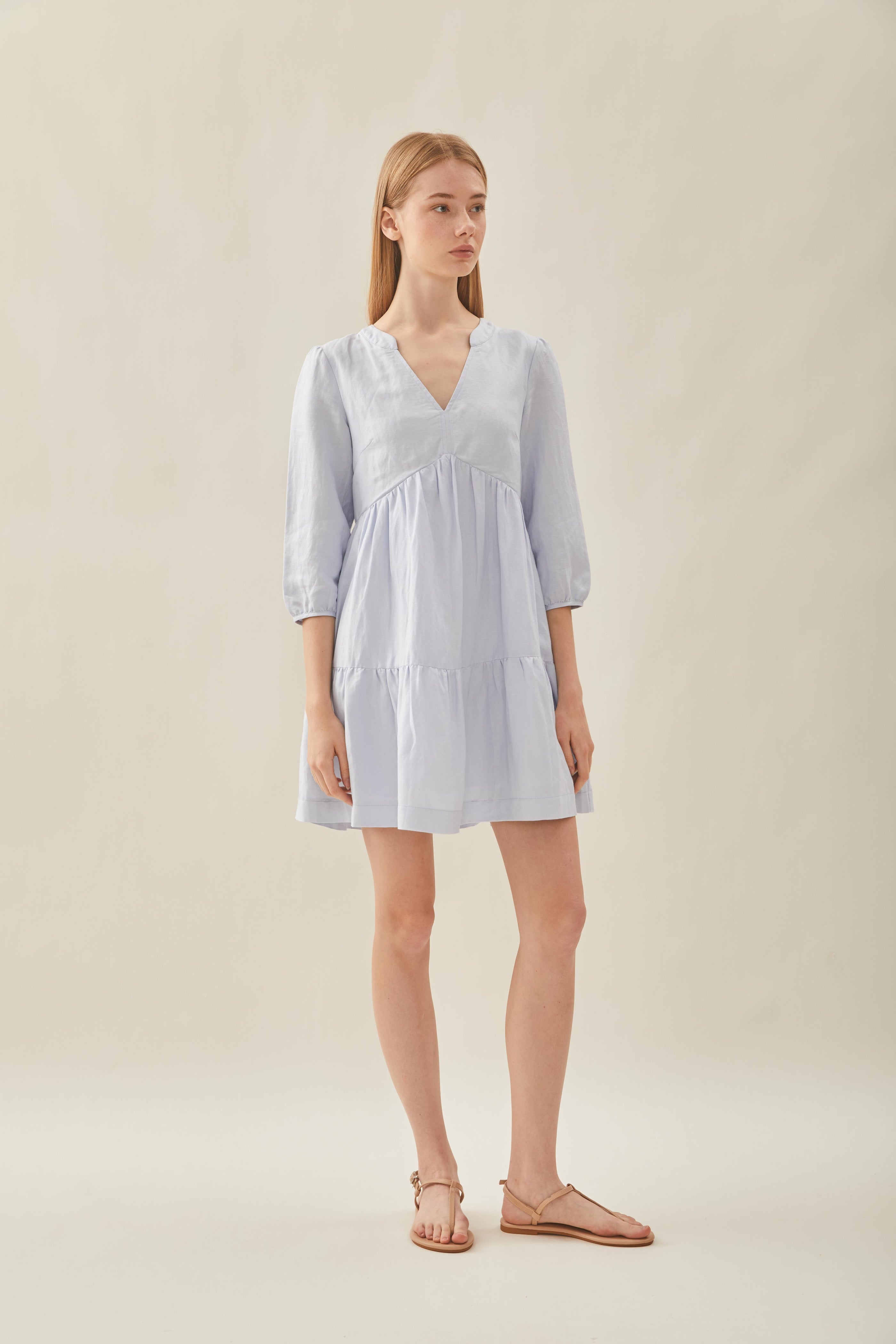 Linen Tiered Dress in Mist Blue