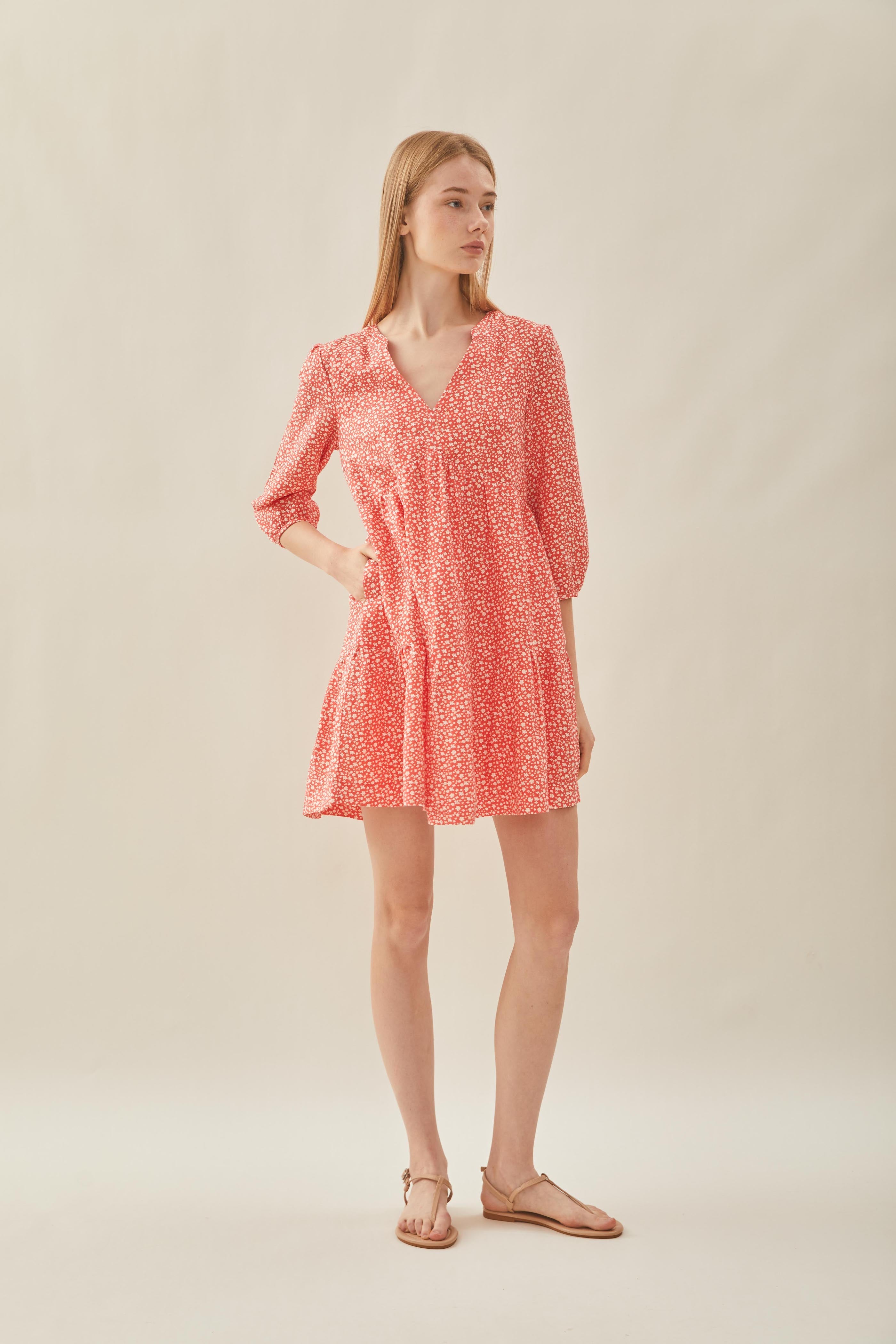 Linen Tiered Dress in Red Bloom