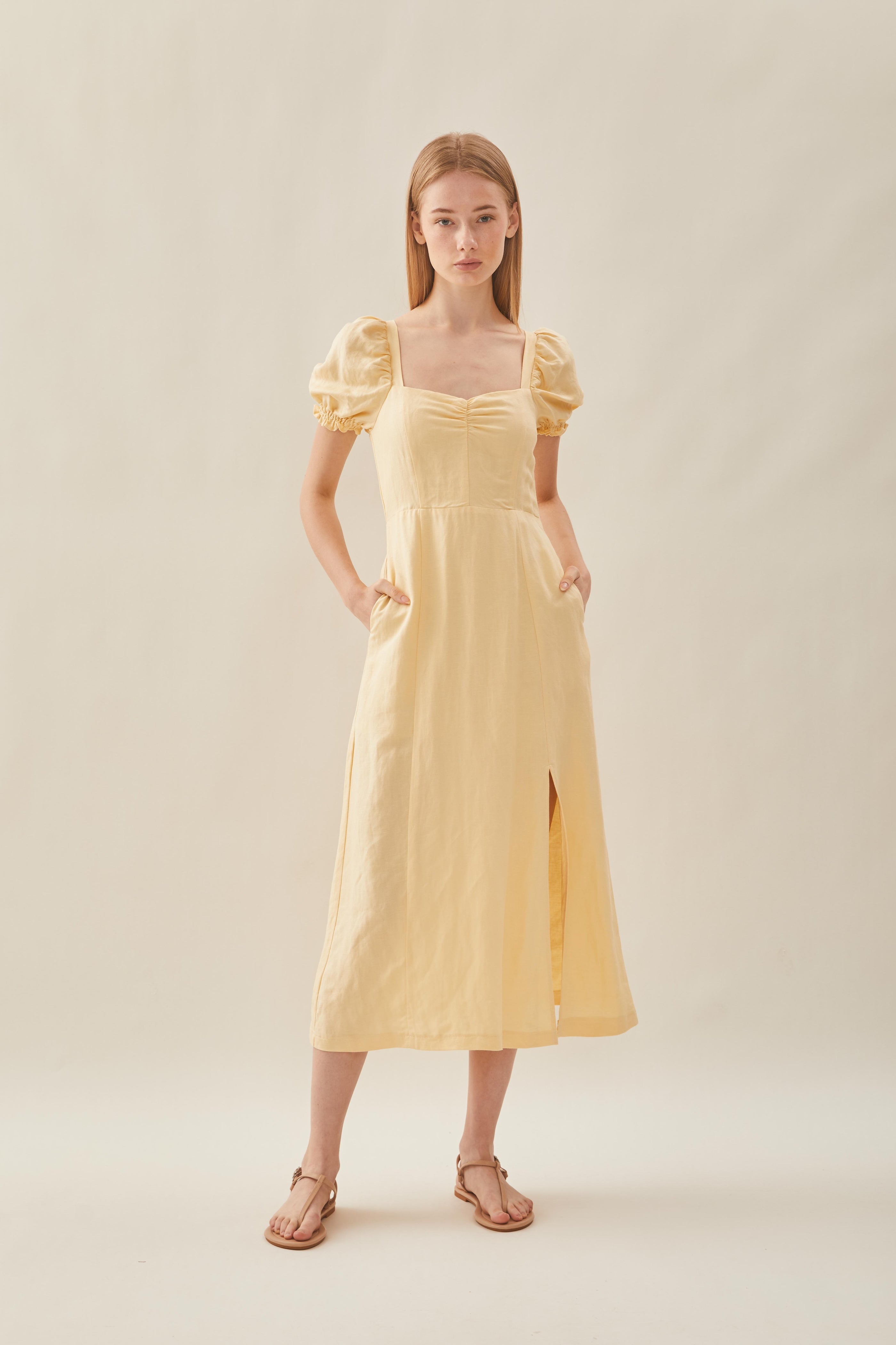 Puffed Sleeve Dress in Pale Yellow