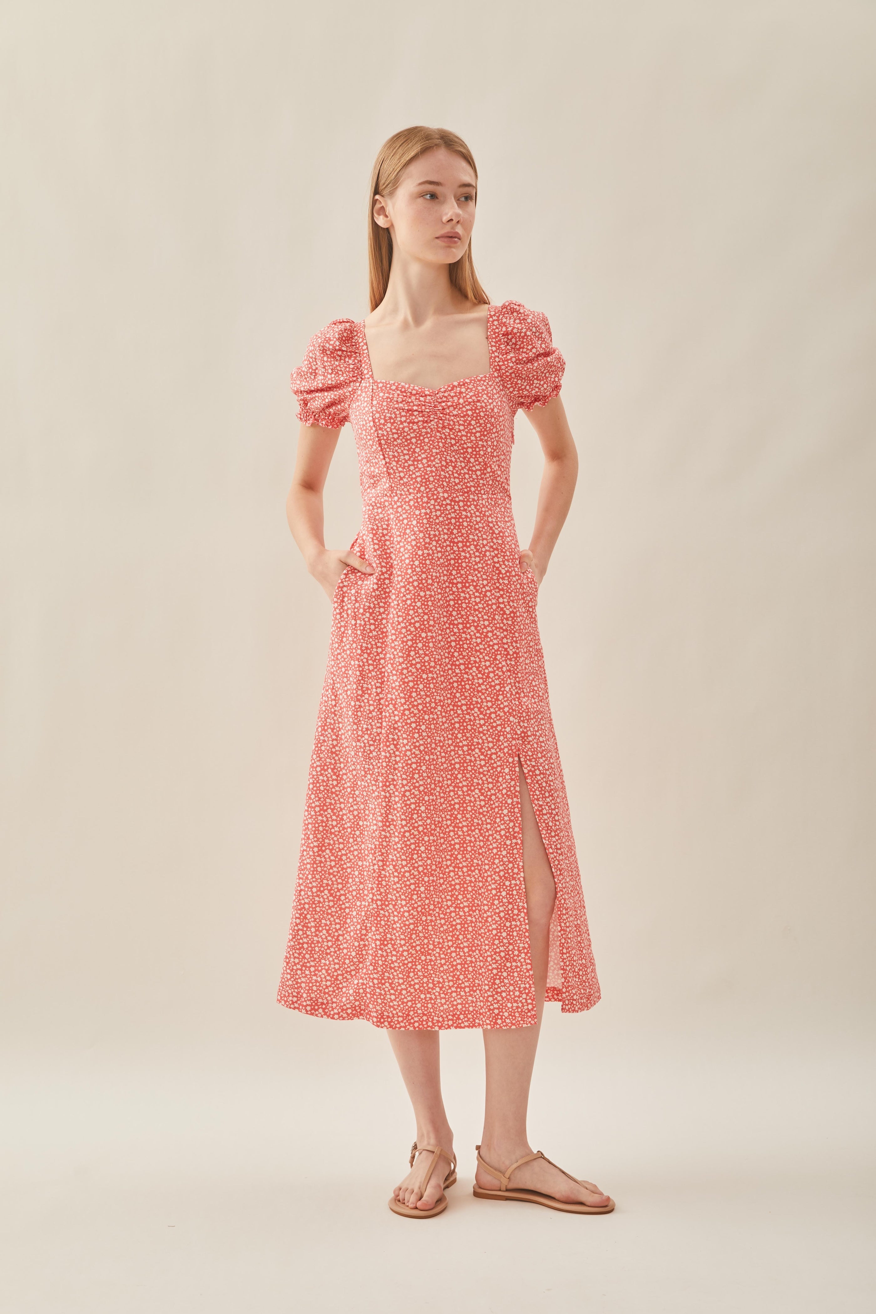 Puffed Sleeve Dress in Red Bloom