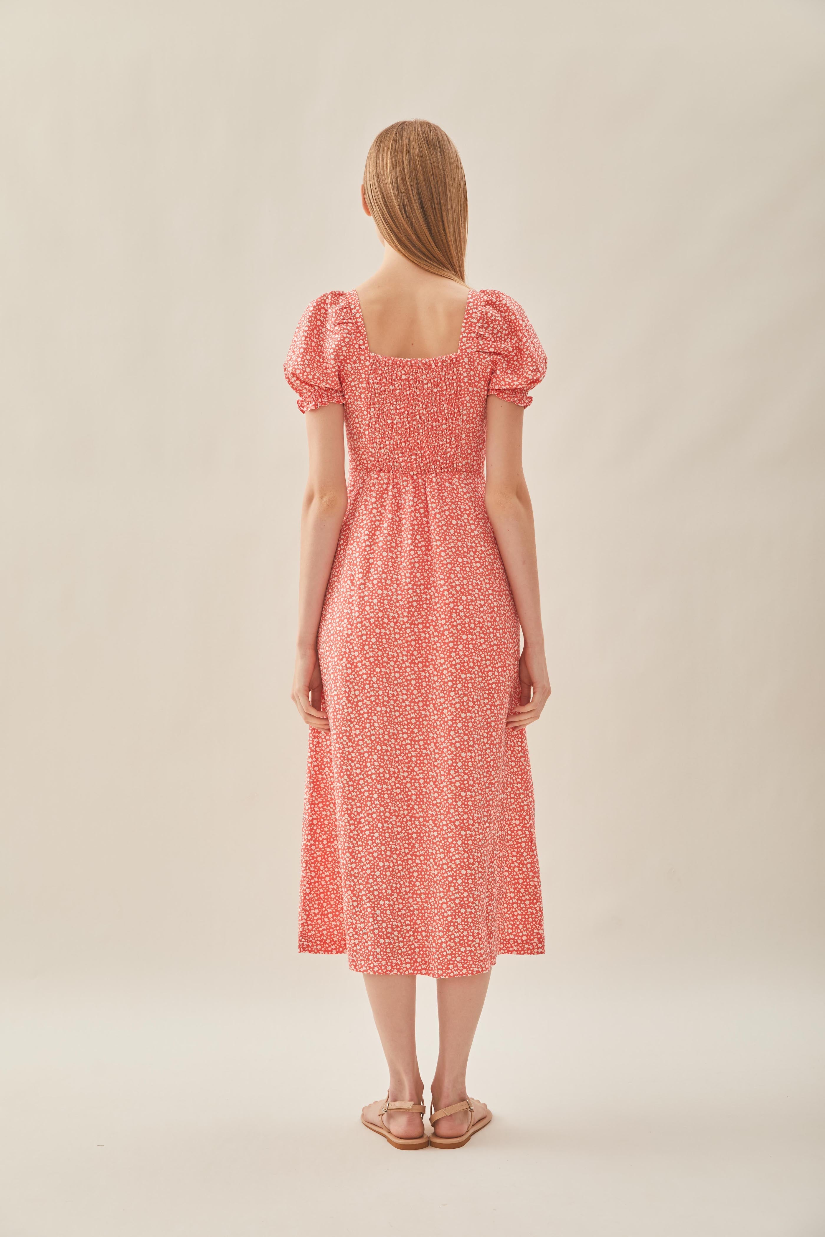 Puffed Sleeve Dress in Red Bloom