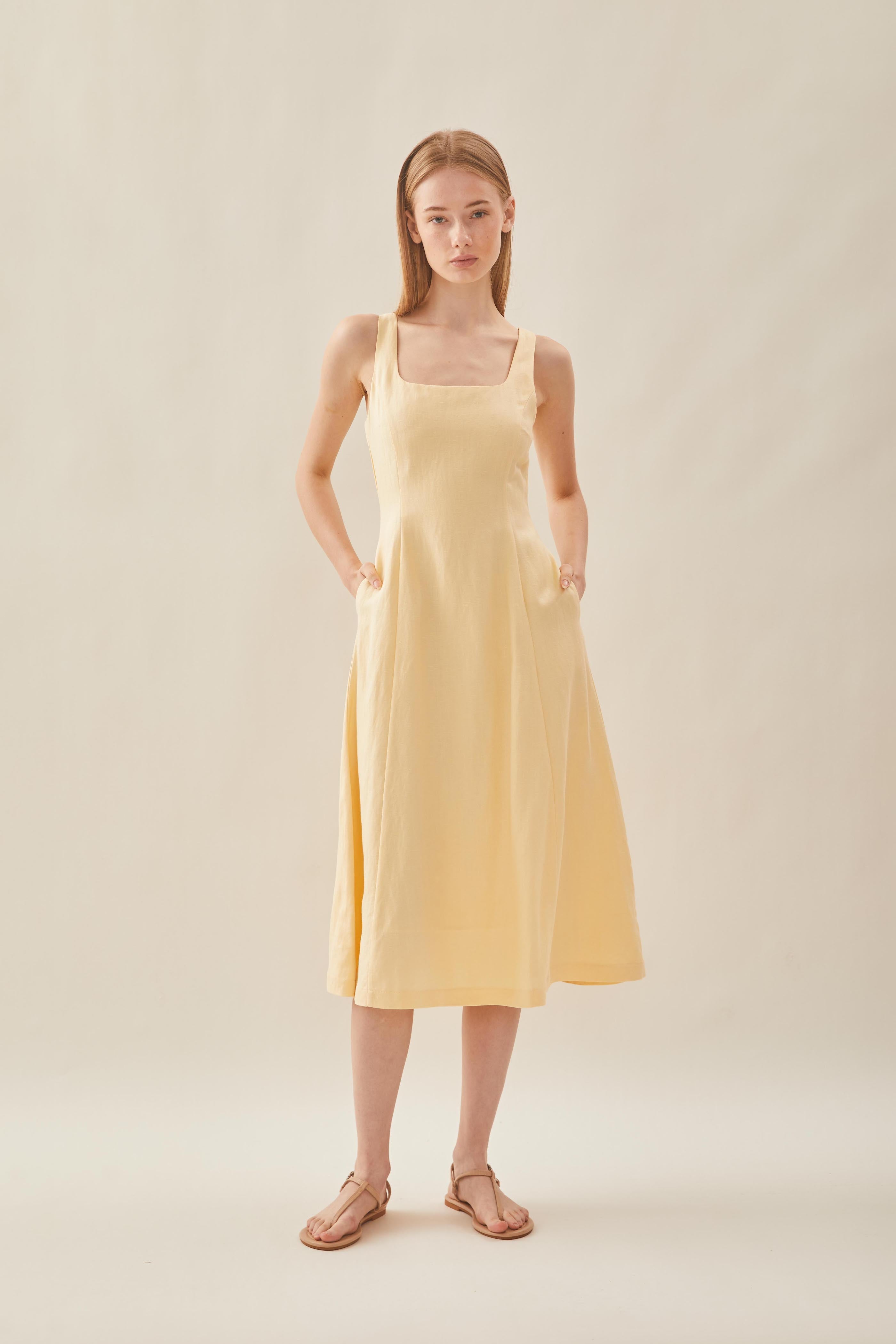 Scoop Neck Flare Dress in Pale Yellow