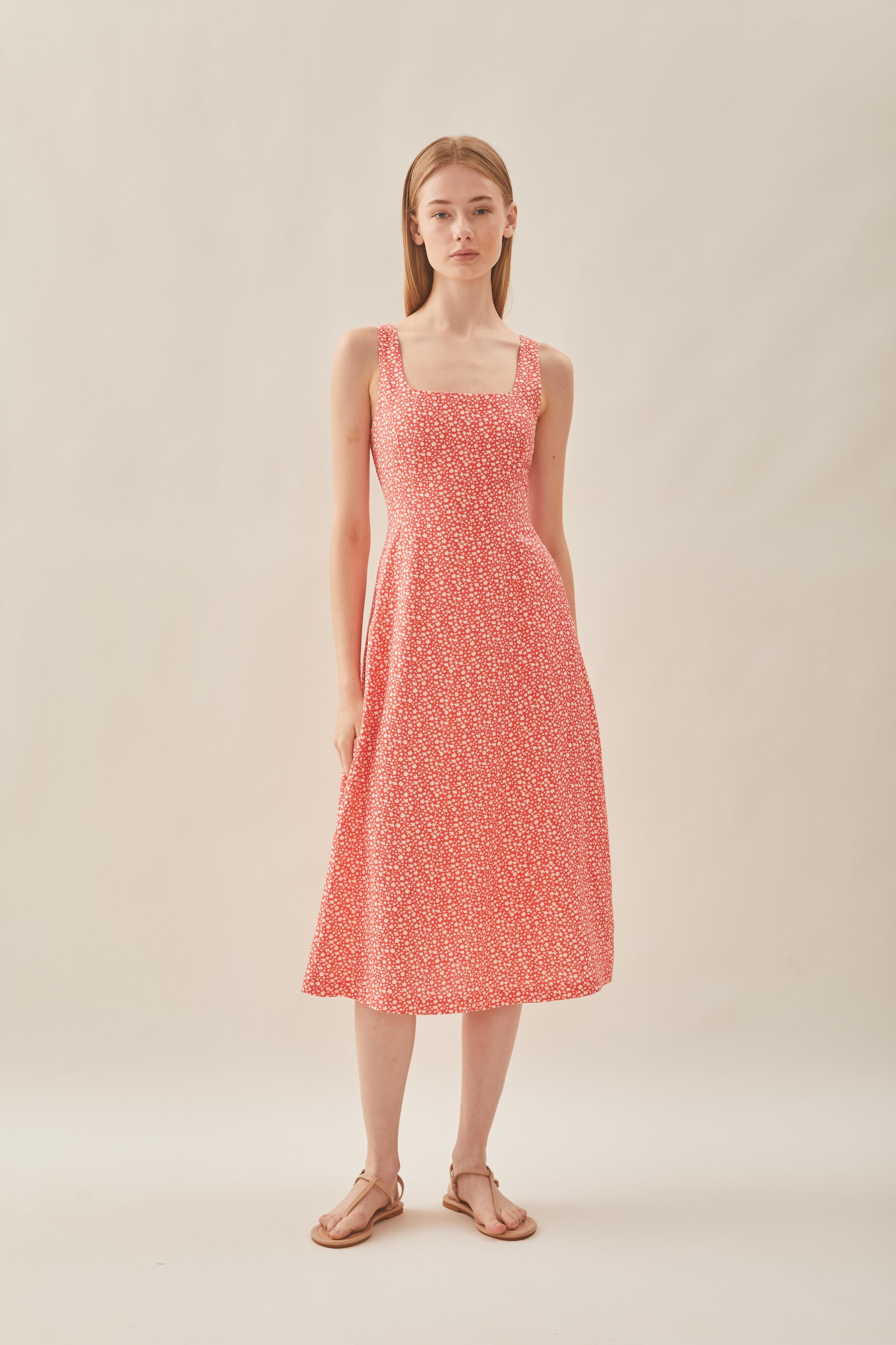 Scoop Neck Flare Dress in Red Bloom