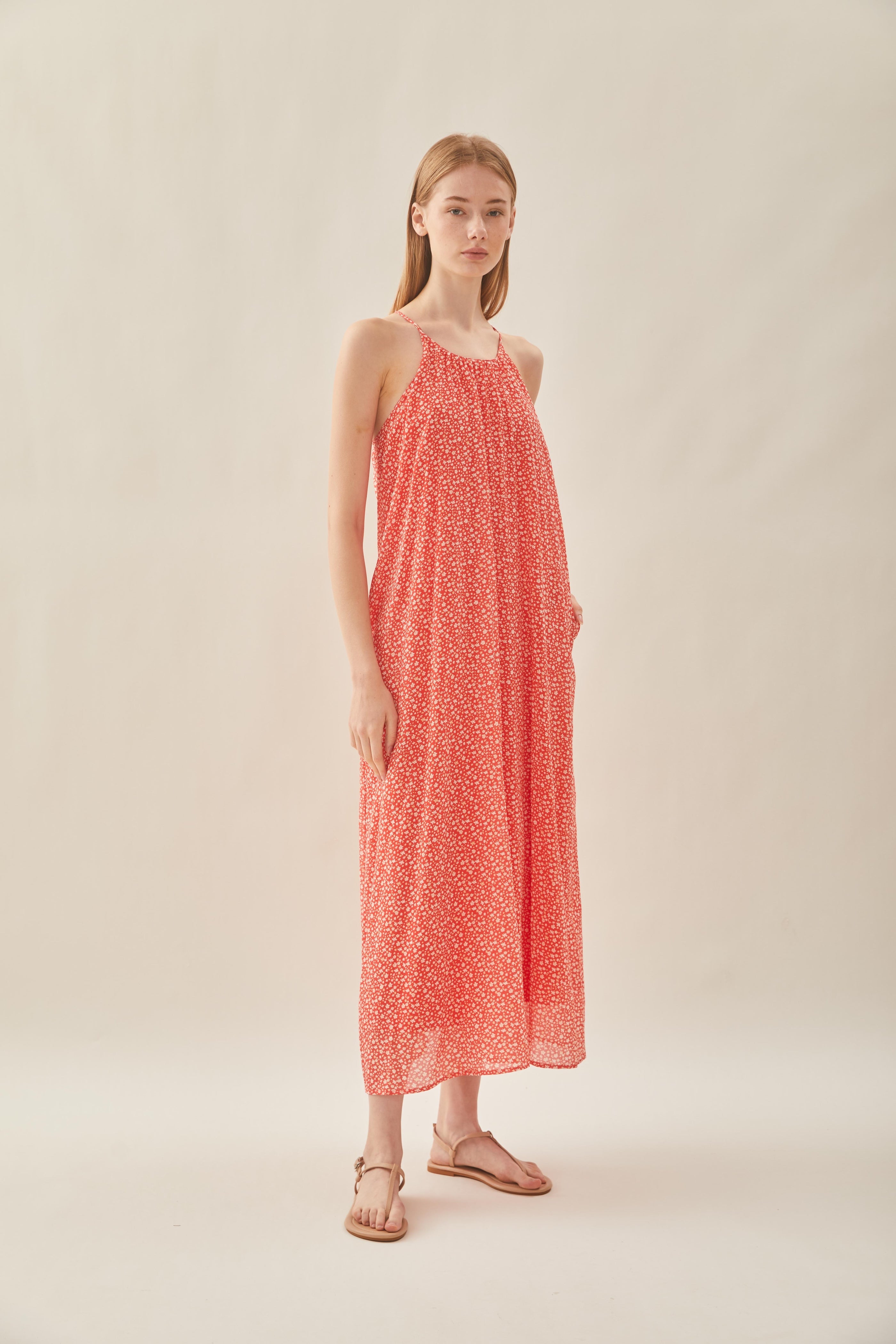 Halter Midi Dress in Red Bloom