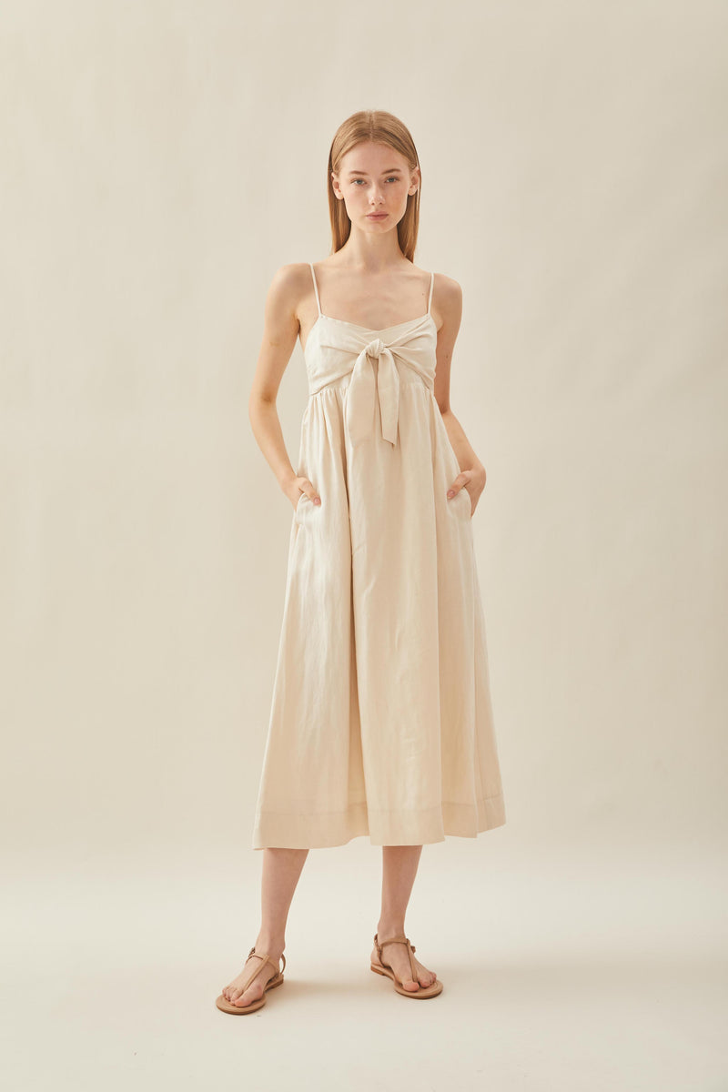 Tie-Front Bustier Midi Dress in Natural