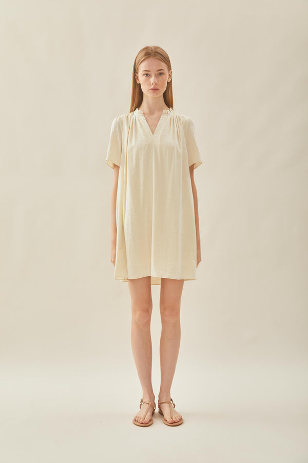 Pleated V Neck Dress in Natural